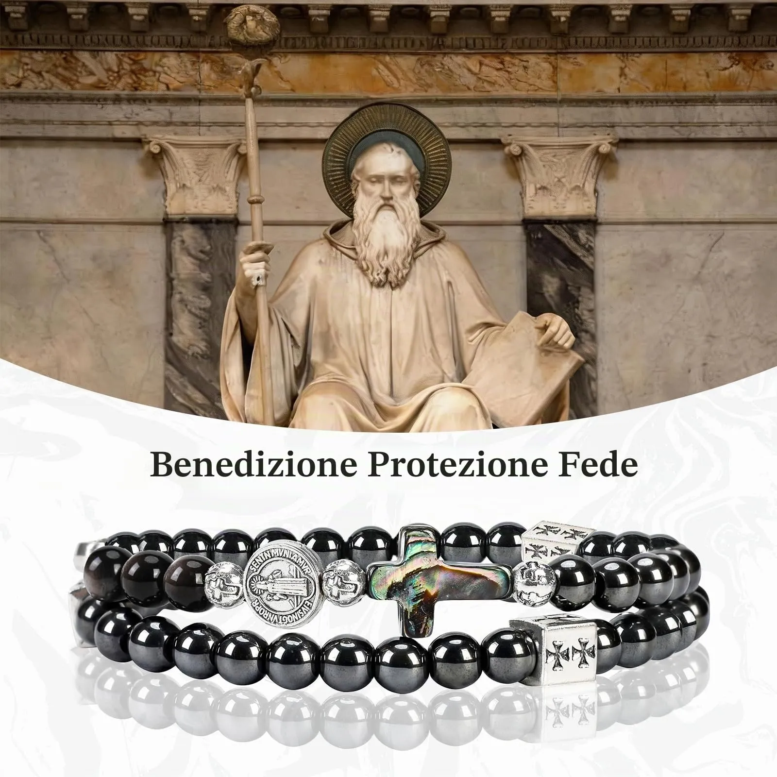 SHIEAGLELD Bracciale Rosario, Bracciale da Uomo in Ossidiana, Braccialetti Cattolica con Croce per Papà, Marito, Bambino, Nero con Medaglia di San Benedetto - immagine 7