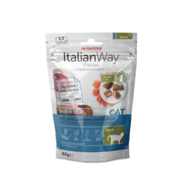 ItalianWay snack per gatti Pillows Grain Free 60 gr Skin&Coat: pollo, salmone e barbabietola - immagine 1