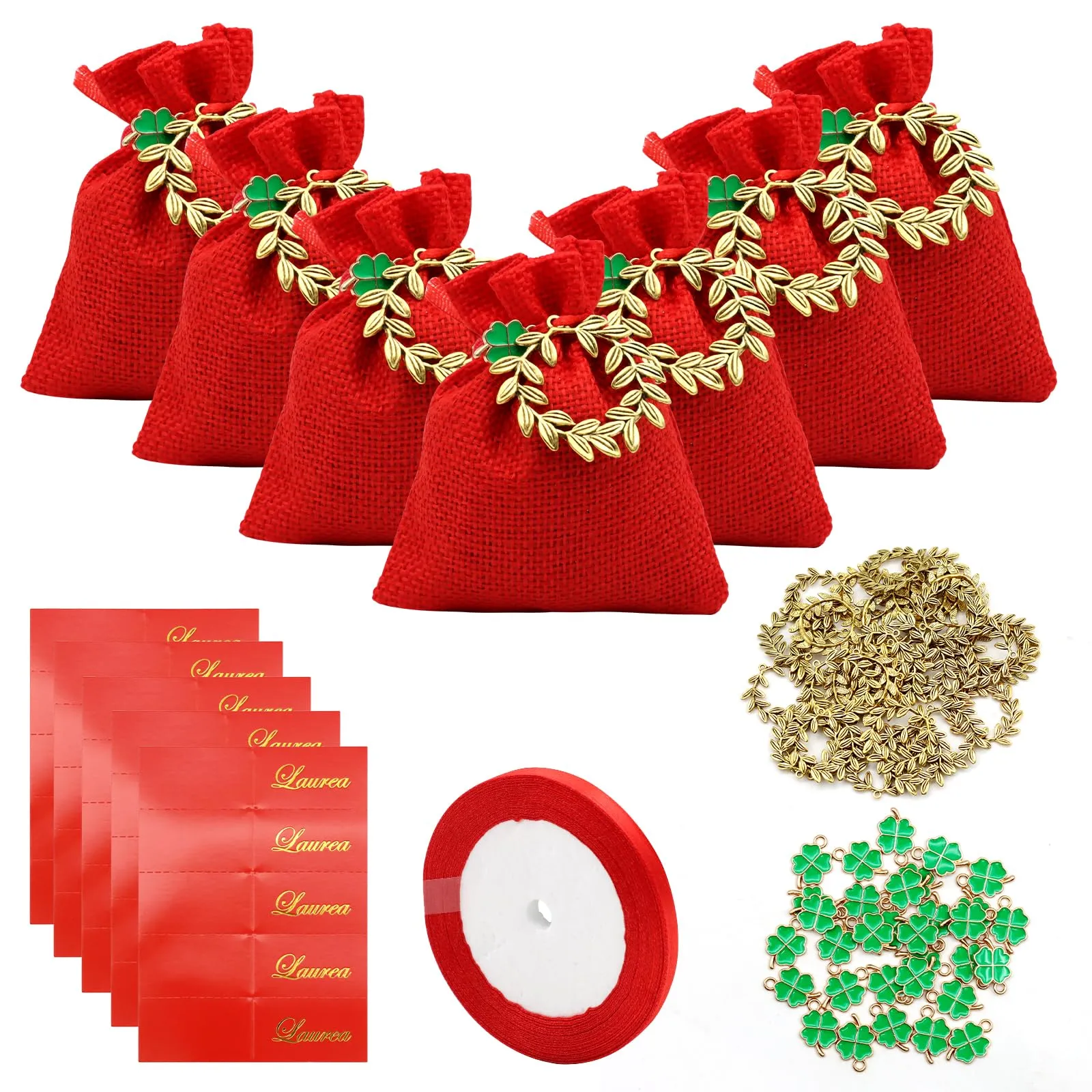 VEGCOO 32 Pezzi Bomboniere Portaconfetti Laurea Con Ciondoli Corona d'Alloro Quadrifoglio, Sacchetti Rossi per Confetti Laurea, per Confetti Decorazione Cerimonia - immagine 1