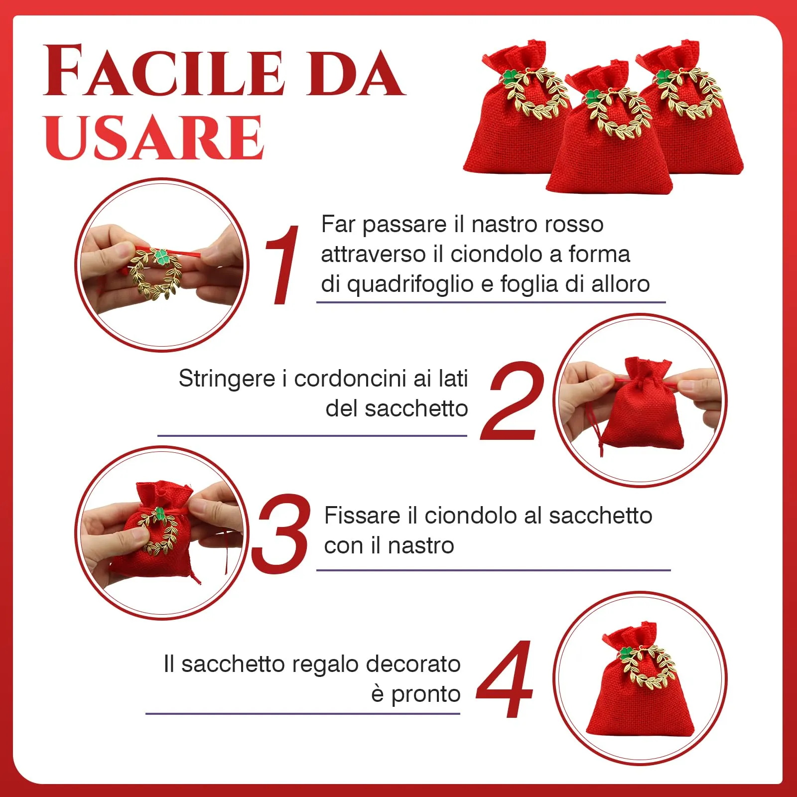 VEGCOO 32 Pezzi Bomboniere Portaconfetti Laurea Con Ciondoli Corona d'Alloro Quadrifoglio, Sacchetti Rossi per Confetti Laurea, per Confetti Decorazione Cerimonia - immagine 3