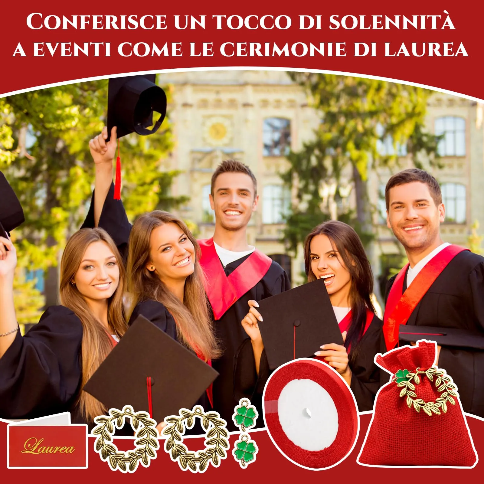 VEGCOO 32 Pezzi Bomboniere Portaconfetti Laurea Con Ciondoli Corona d'Alloro Quadrifoglio, Sacchetti Rossi per Confetti Laurea, per Confetti Decorazione Cerimonia - immagine 5