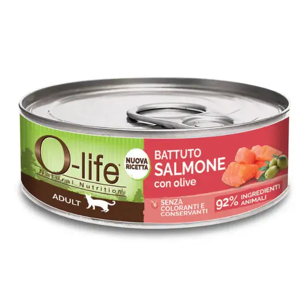 O-life Cat Adult Grain Free Battuto 85 gr Salmone con olive - confezione da 6 pezzi - Cibo umido per gatti - immagine 1