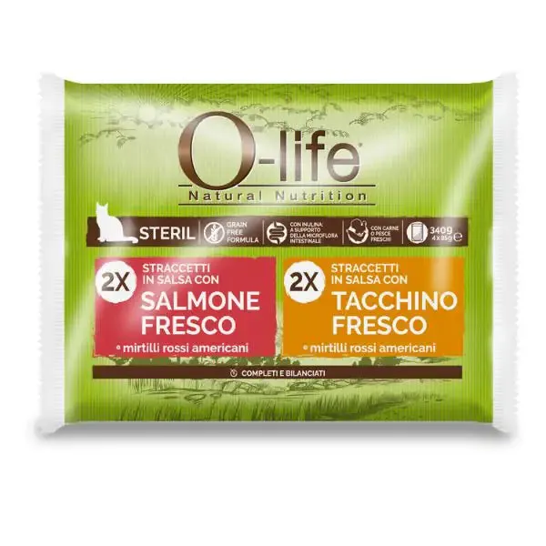 O-life Cat Sterilised Grain Free Straccetti in salsa multipack 4x85 gr 2 x Salmone Fresco 2 x Tacchino Fresco - immagine 1