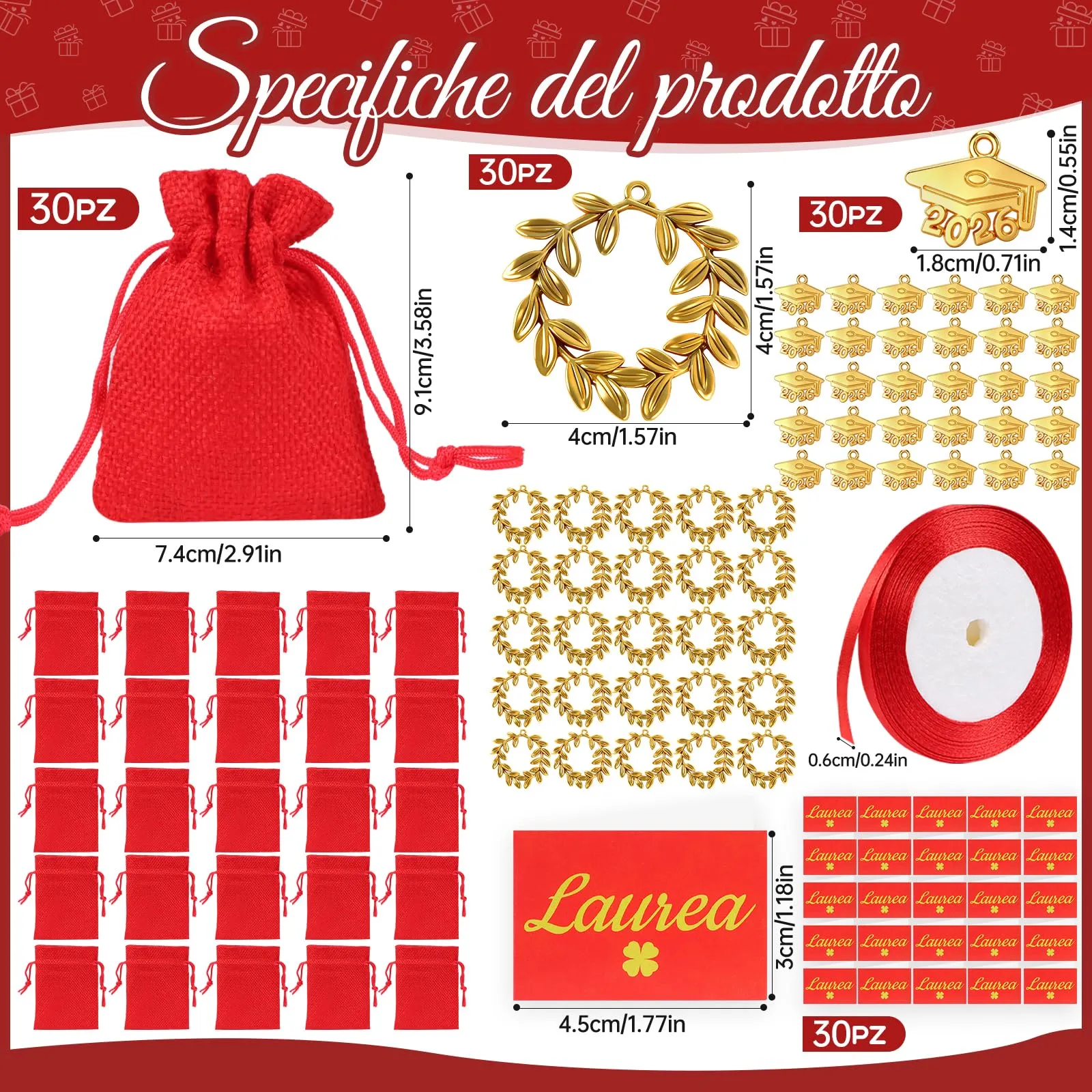 30 pz Sacchetti Portaconfetti Laurea,Sacchetti Rossi per Confetti Laurea,Ciondoli Corona d'Alloro Quadrifoglio,Sacchettini per Caramelle Gioielli Regalo,per Festa laurea Congratulazioni Confetti Regal - immagine 2