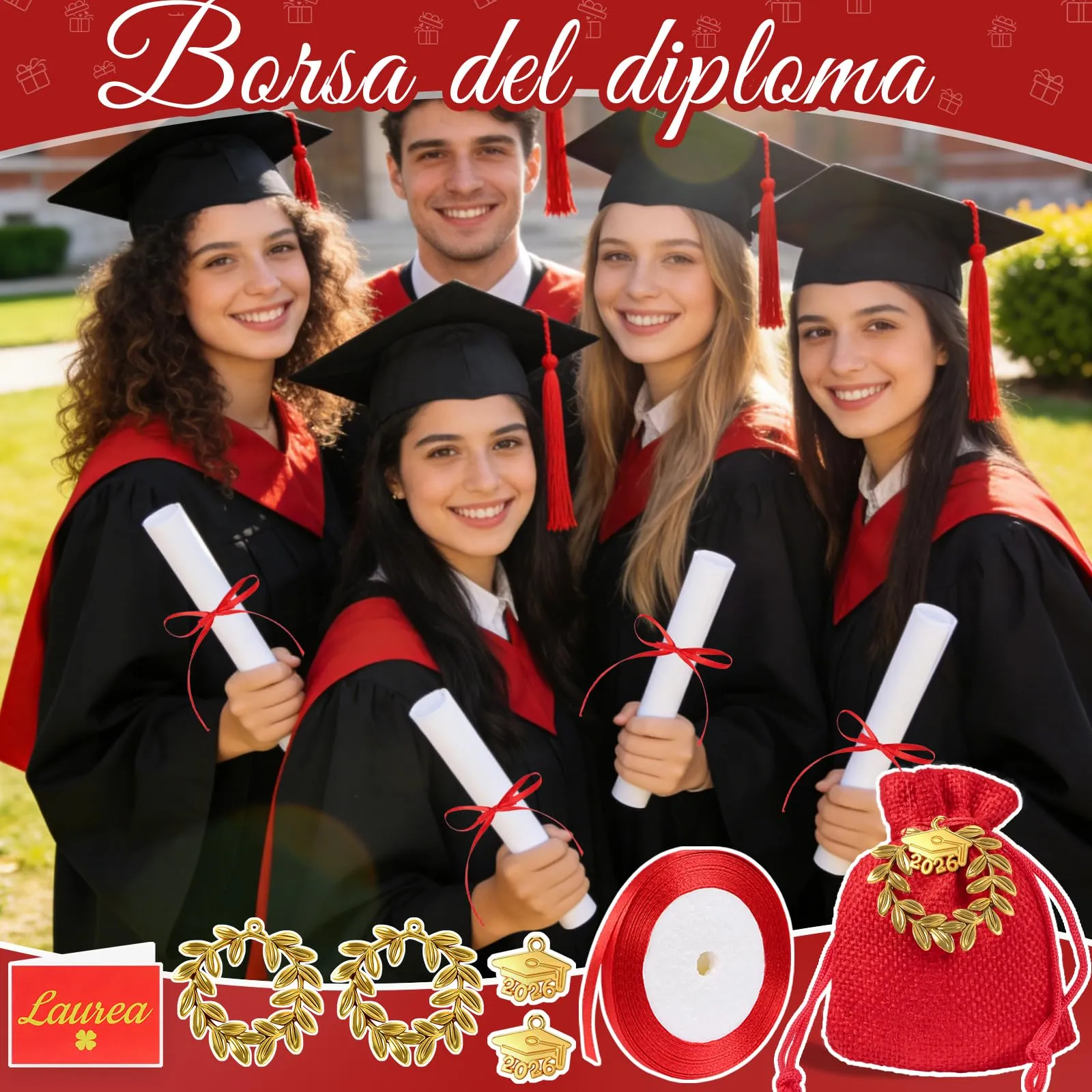30 pz Sacchetti Portaconfetti Laurea,Sacchetti Rossi per Confetti Laurea,Ciondoli Corona d'Alloro Quadrifoglio,Sacchettini per Caramelle Gioielli Regalo,per Festa laurea Congratulazioni Confetti Regal - immagine 3
