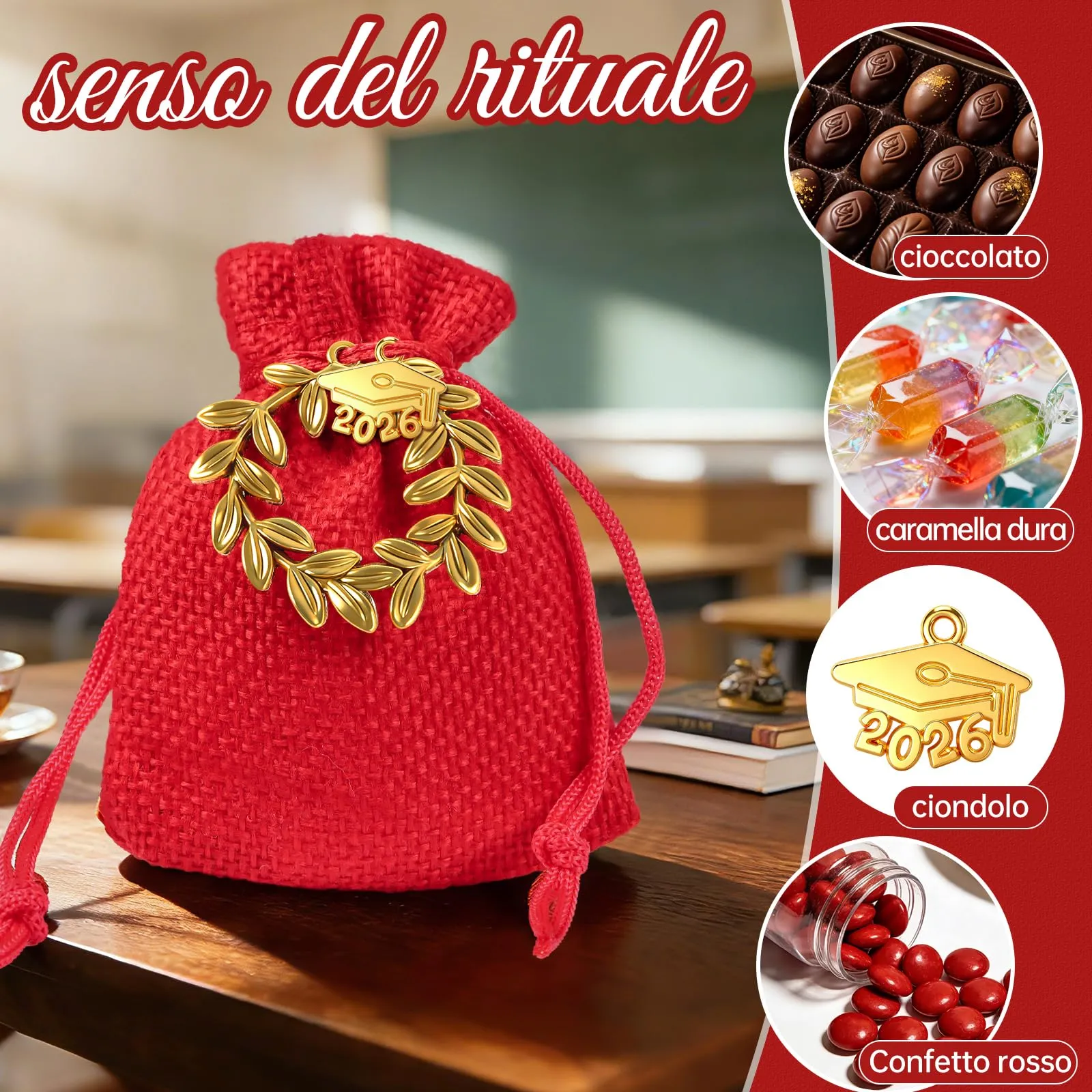30 pz Sacchetti Portaconfetti Laurea,Sacchetti Rossi per Confetti Laurea,Ciondoli Corona d'Alloro Quadrifoglio,Sacchettini per Caramelle Gioielli Regalo,per Festa laurea Congratulazioni Confetti Regal - immagine 5