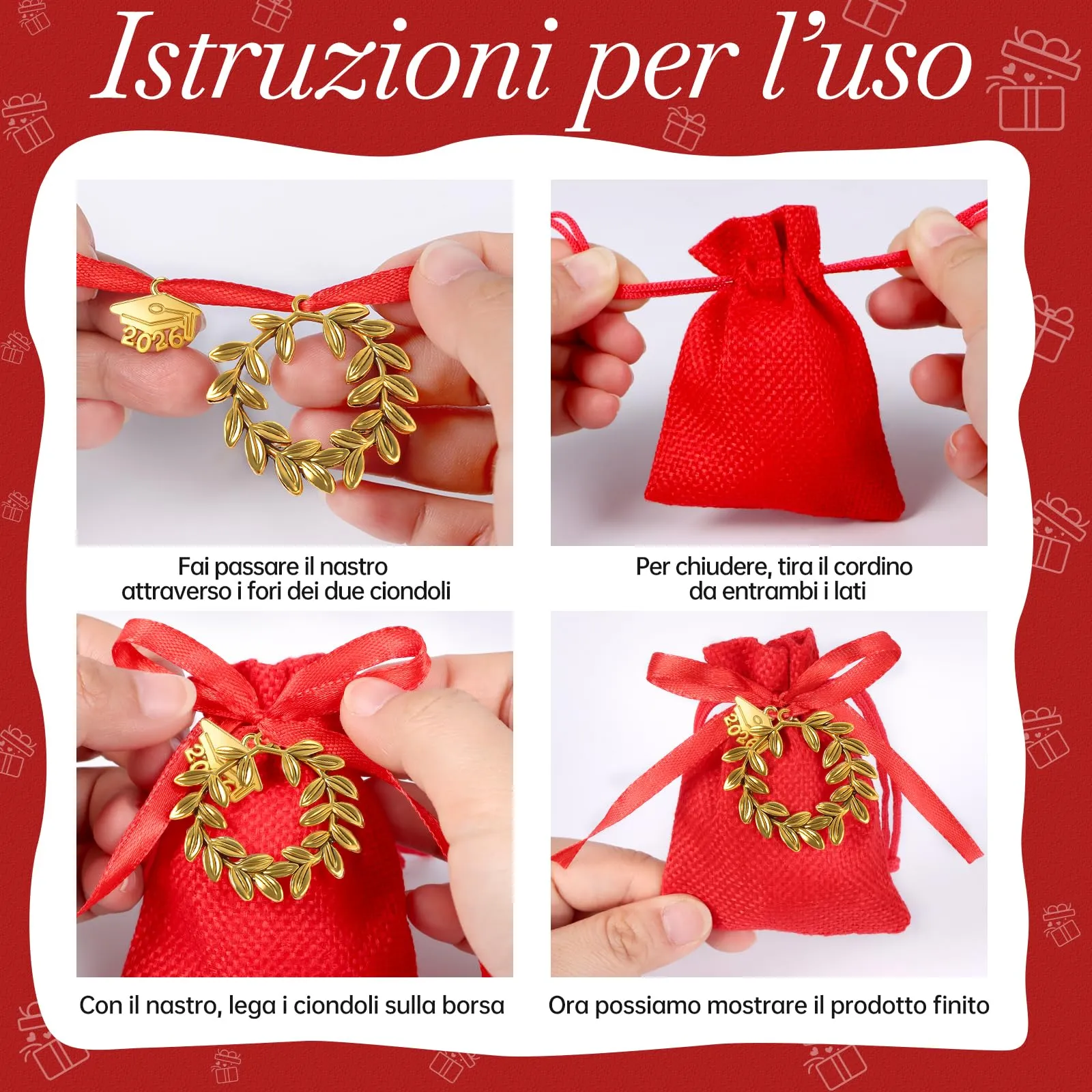 30 pz Sacchetti Portaconfetti Laurea,Sacchetti Rossi per Confetti Laurea,Ciondoli Corona d'Alloro Quadrifoglio,Sacchettini per Caramelle Gioielli Regalo,per Festa laurea Congratulazioni Confetti Regal - immagine 6