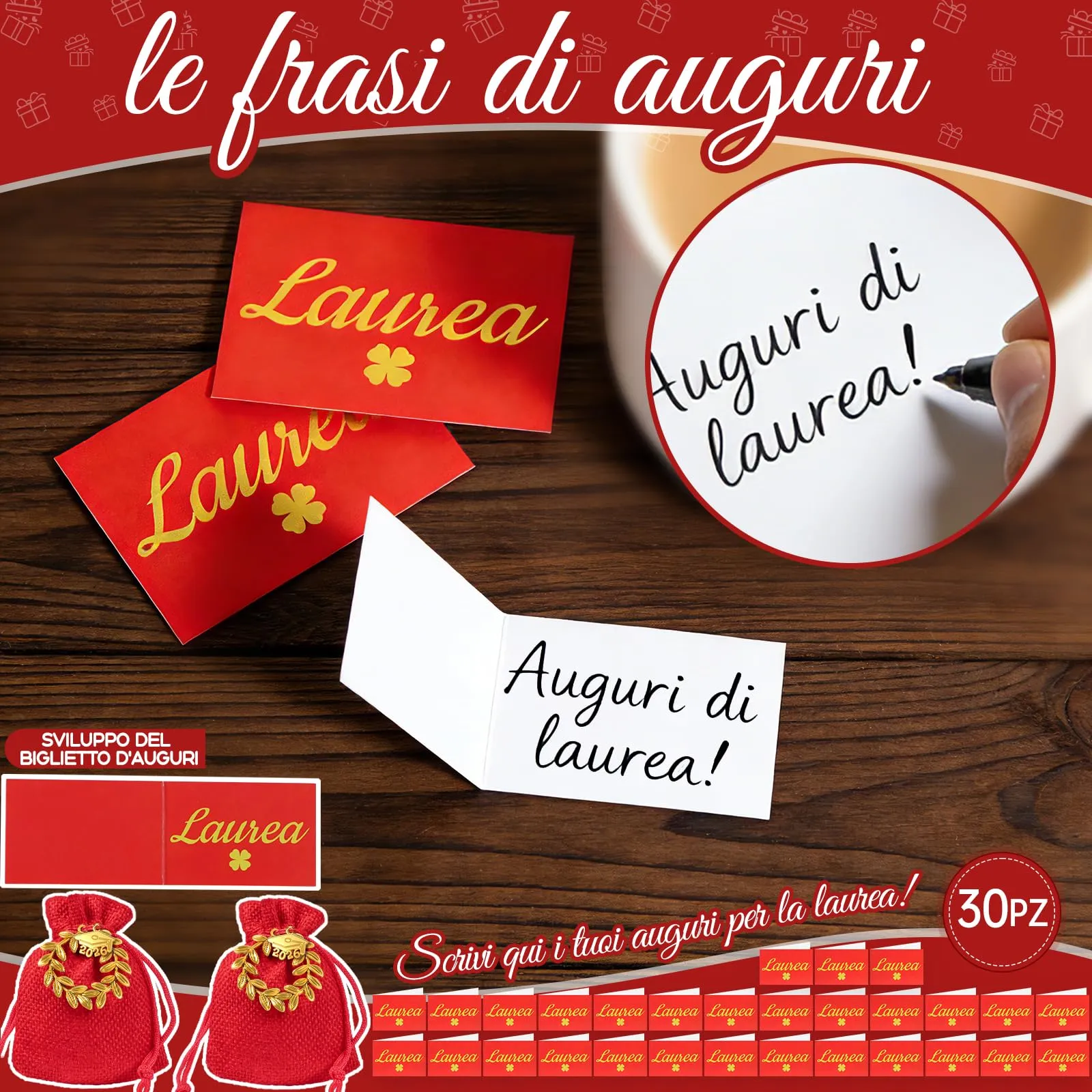 30 pz Sacchetti Portaconfetti Laurea,Sacchetti Rossi per Confetti Laurea,Ciondoli Corona d'Alloro Quadrifoglio,Sacchettini per Caramelle Gioielli Regalo,per Festa laurea Congratulazioni Confetti Regal - immagine 7