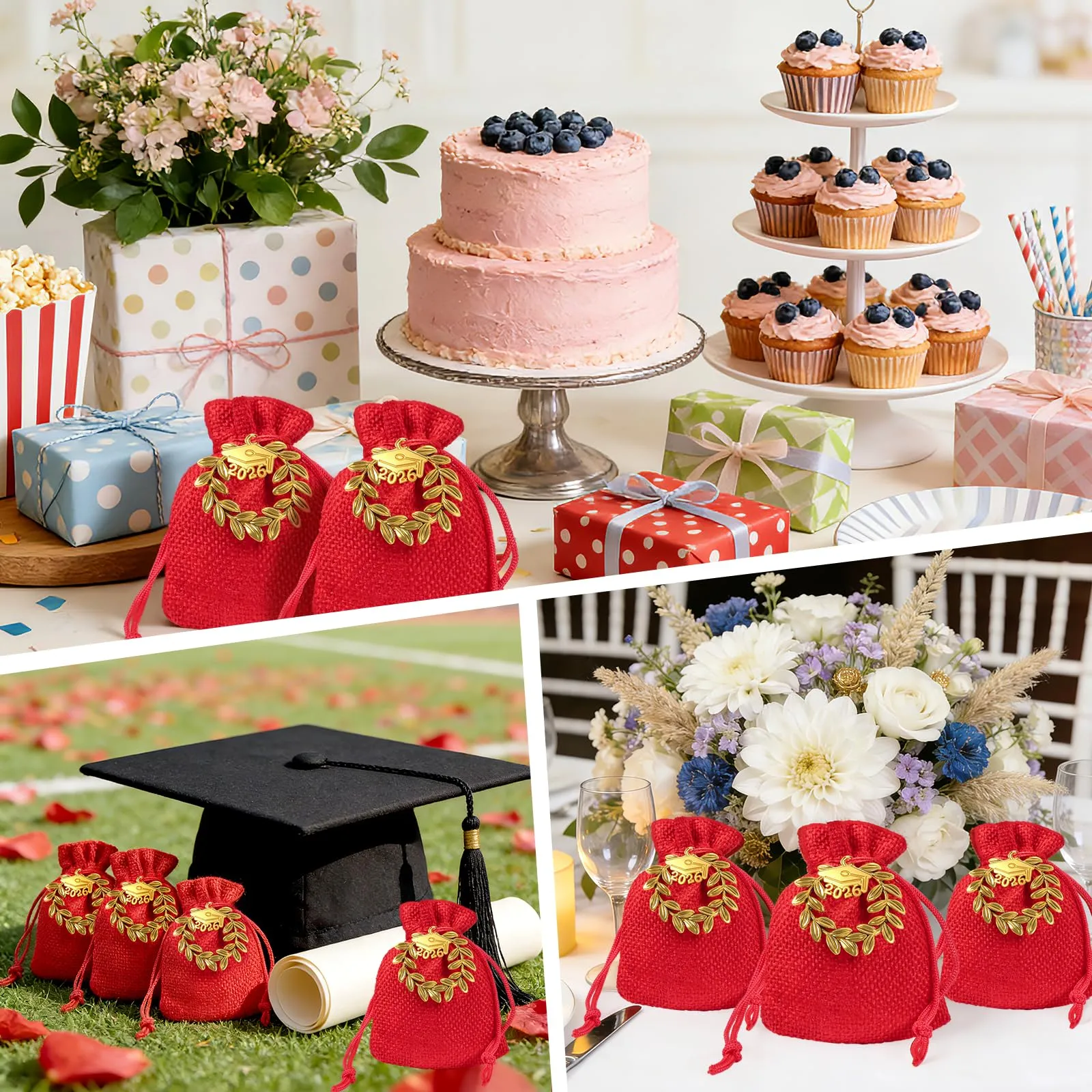 30 pz Sacchetti Portaconfetti Laurea,Sacchetti Rossi per Confetti Laurea,Ciondoli Corona d'Alloro Quadrifoglio,Sacchettini per Caramelle Gioielli Regalo,per Festa laurea Congratulazioni Confetti Regal - immagine 8