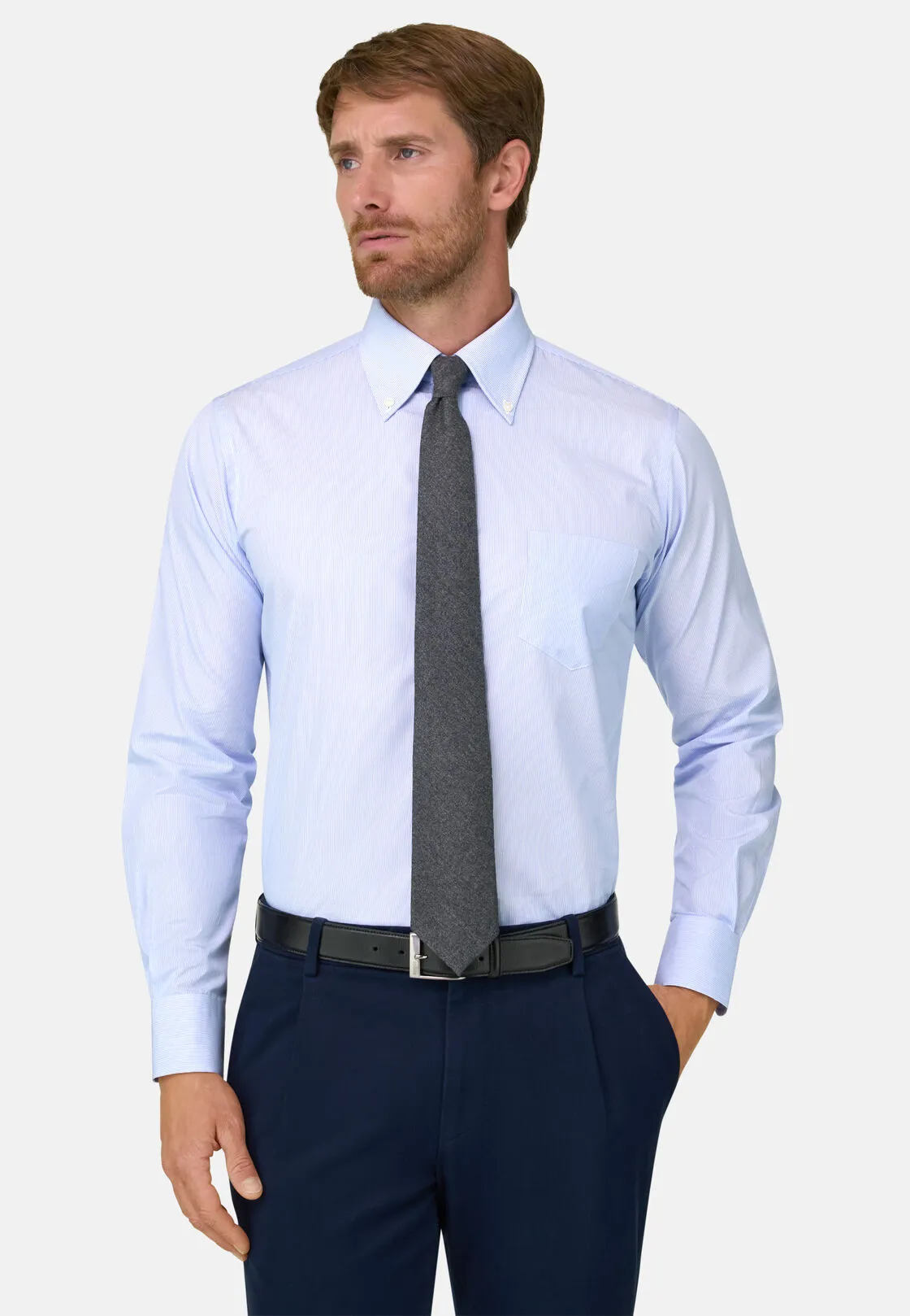Boggi, Camicia A Righe In Popeline Di Cotone Regular Fit, Uomo, Azzurro, Taglia: 43 - immagine 1