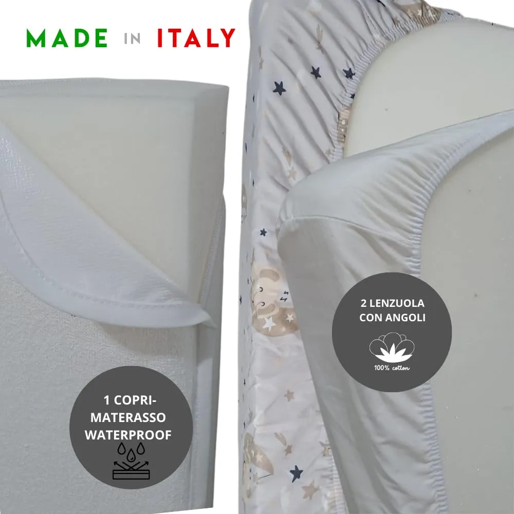 FlyIdeas Set Lenzuola Lettino Neonato 60x120 cm + Coprimaterasso Impermeabile – 2 Lenzuola con Angoli 100% Cotone per Lettino con Sbarre da Campeggio e da Viaggio Traspiranti e Delicate sulla Pelle - immagine 4