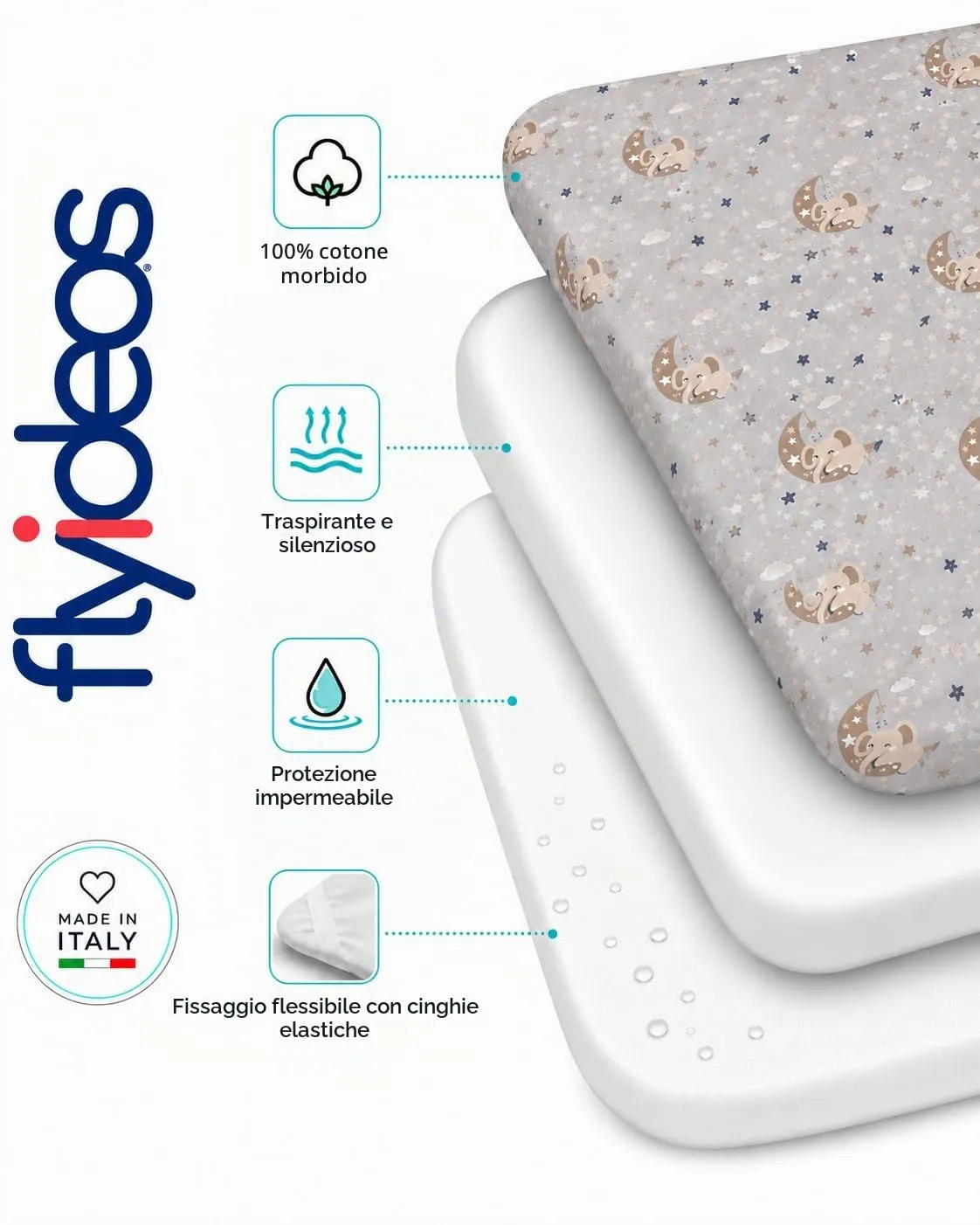 FlyIdeas Set Lenzuola Navicella Neonato 75x35 cm + Coprimaterasso Carrozzina Impermeabile – 2 Lenzuola con Angoli 100% Cotone per Navicella, Carrozzina, Culla e Passeggino, Morbide e Traspiranti - immagine 2