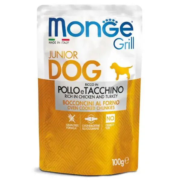 Monge Grill Junior Grain Free bocconcini 100 gr Pollo e tacchino - confezione da 24 pezzi - Cibo umido per cani - immagine 1