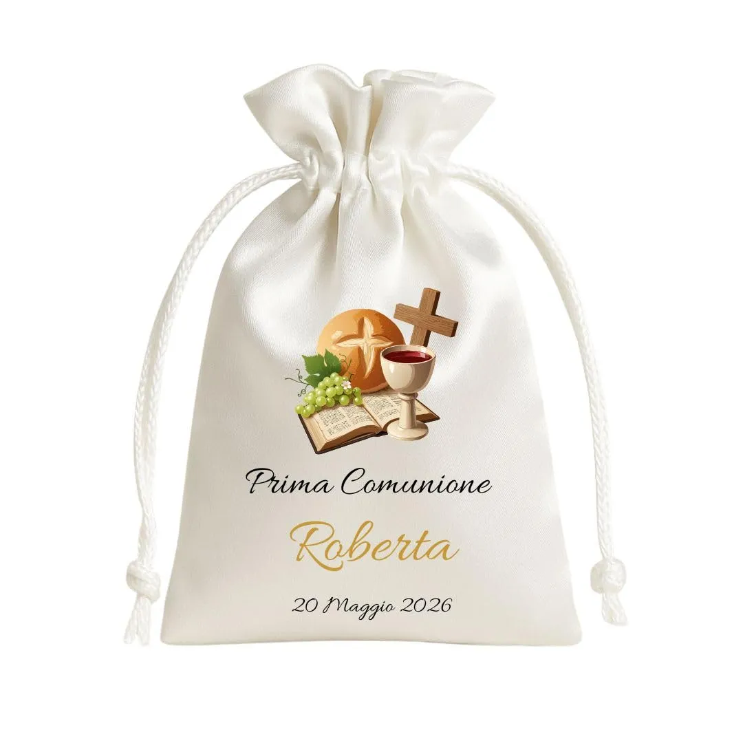 Cormar Sacchetti Bomboniere Cresima Personalizzati – Set 12 Pezzi, 9x12 cm, Colore Bianco con Ricamo Elegante (BIBBIA+UVA E CALICE) - immagine 1