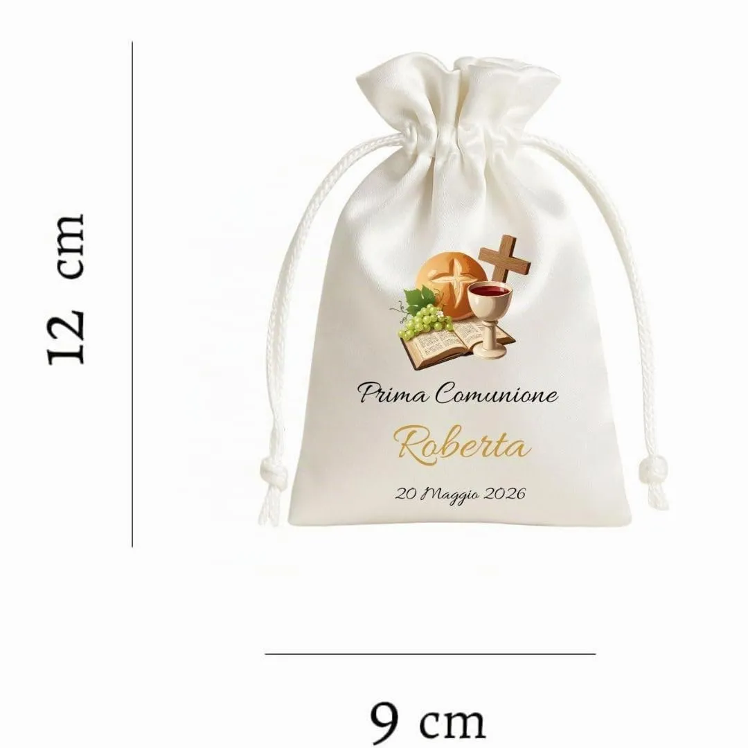 Cormar Sacchetti Bomboniere Cresima Personalizzati – Set 12 Pezzi, 9x12 cm, Colore Bianco con Ricamo Elegante (BIBBIA+UVA E CALICE) - immagine 2
