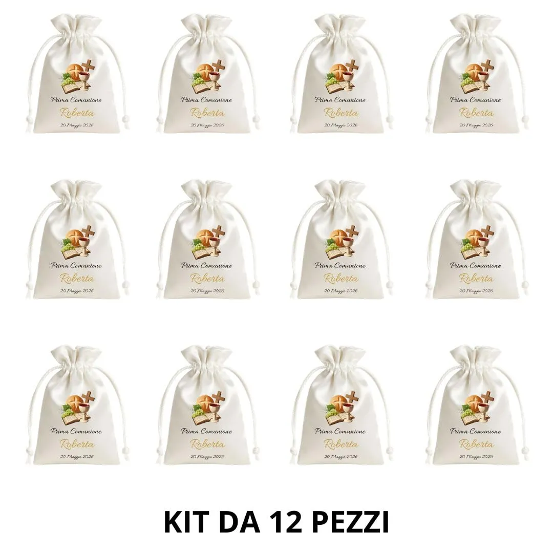 Cormar Sacchetti Bomboniere Cresima Personalizzati – Set 12 Pezzi, 9x12 cm, Colore Bianco con Ricamo Elegante (BIBBIA+UVA E CALICE) - immagine 3