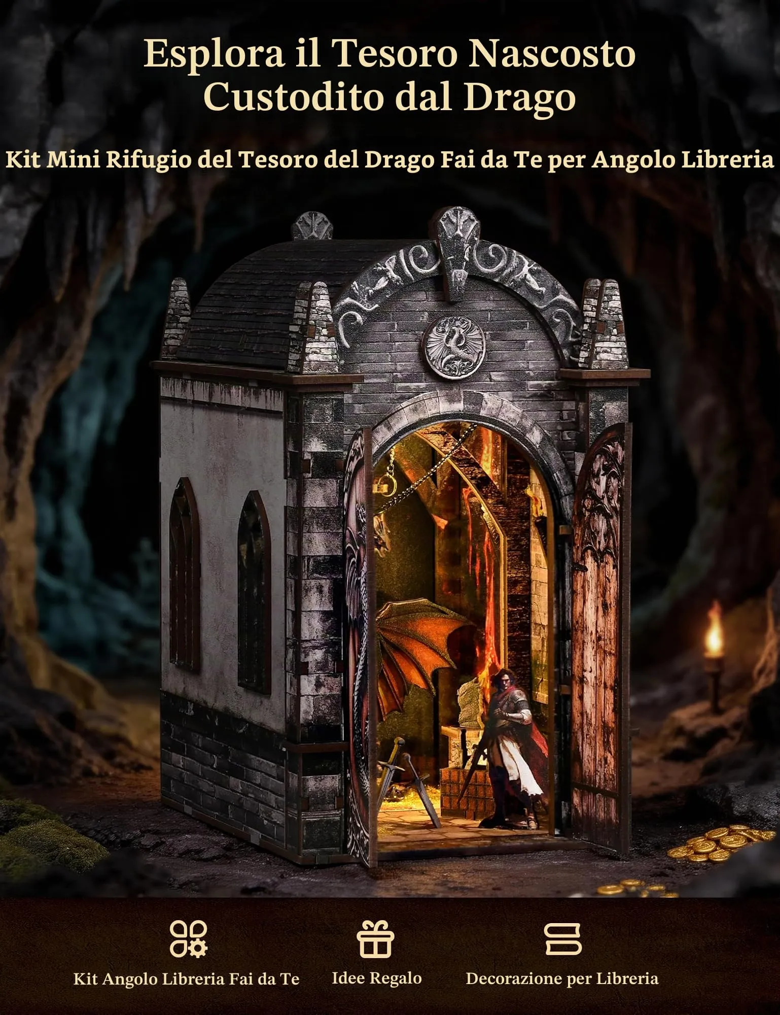 Besserite Mini DIY Book Nook Kit – Drago e Tesoro Nascosto, Puzzle 3D Legno Libreria per Adulti, Kit Modellismo Diorama con Luci LED Touch, Miniatura Fai da te per Decorazioni Libreria, Regalo Fantasy - immagine 2