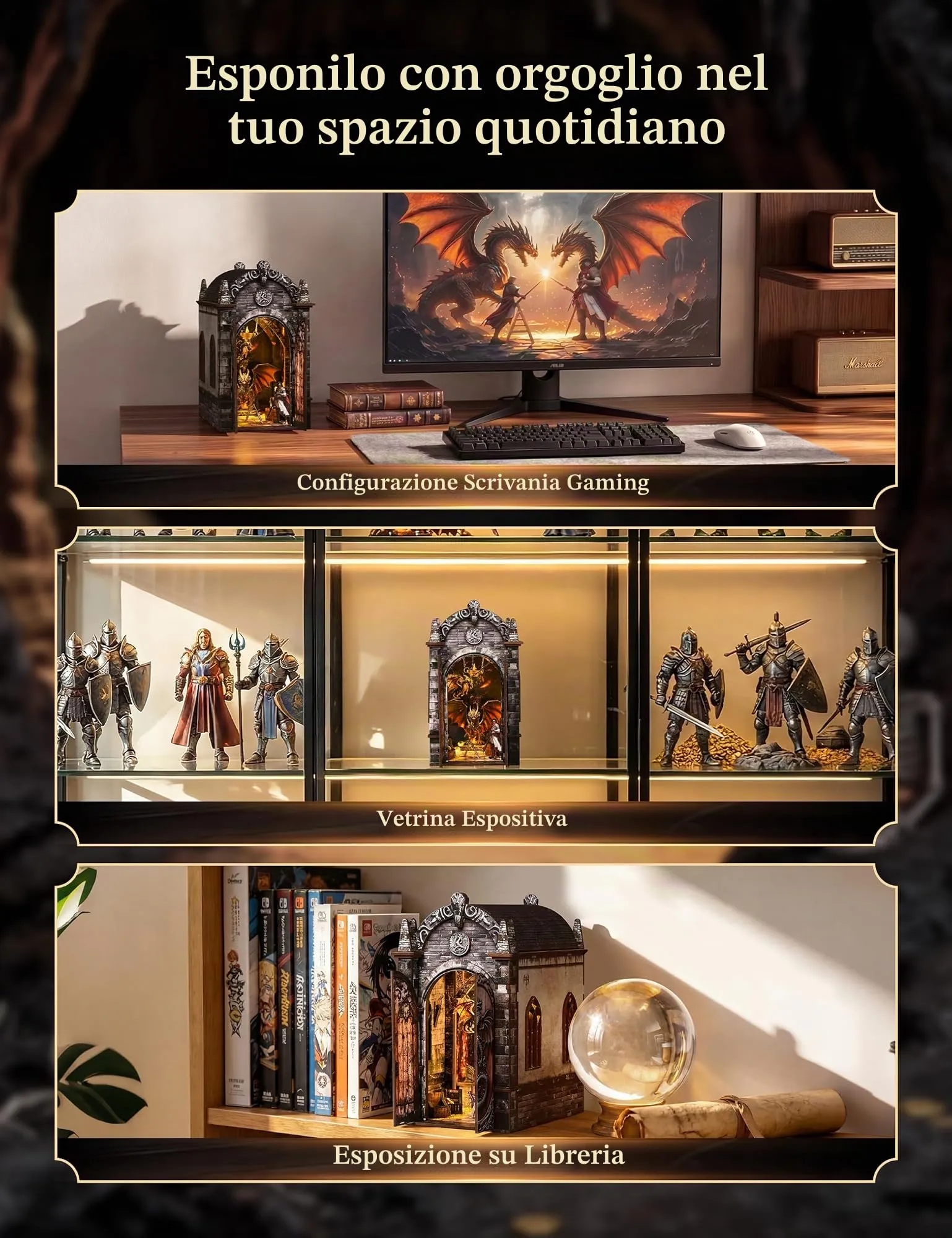 Besserite Mini DIY Book Nook Kit – Drago e Tesoro Nascosto, Puzzle 3D Legno Libreria per Adulti, Kit Modellismo Diorama con Luci LED Touch, Miniatura Fai da te per Decorazioni Libreria, Regalo Fantasy - immagine 6