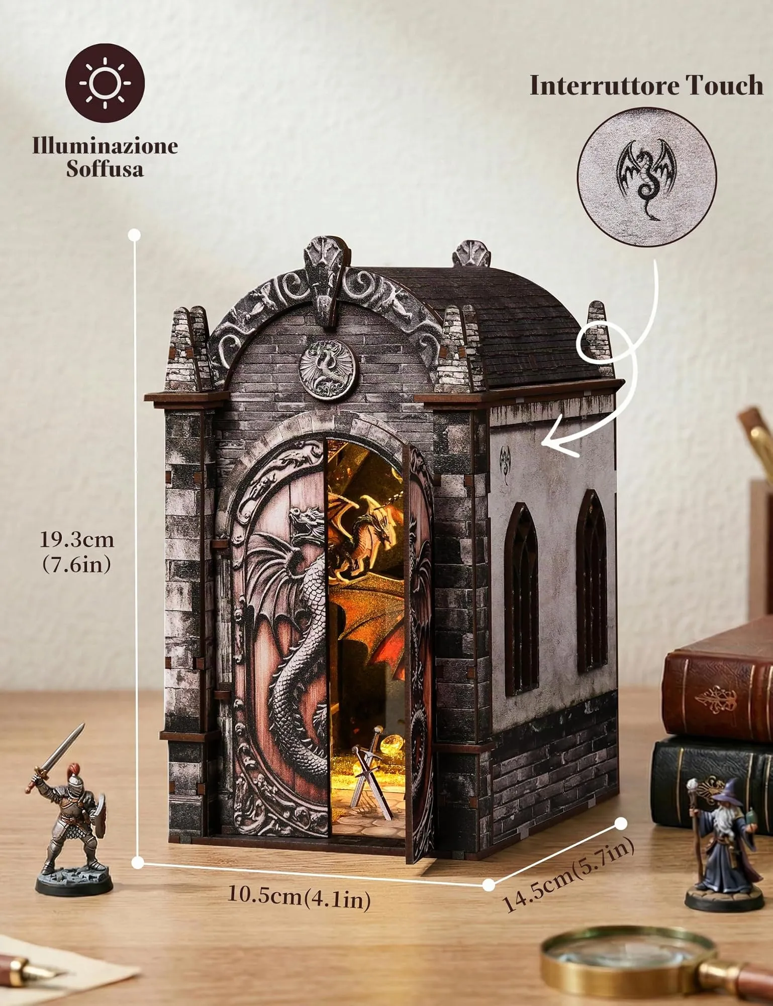 Besserite Mini DIY Book Nook Kit – Drago e Tesoro Nascosto, Puzzle 3D Legno Libreria per Adulti, Kit Modellismo Diorama con Luci LED Touch, Miniatura Fai da te per Decorazioni Libreria, Regalo Fantasy - immagine 7