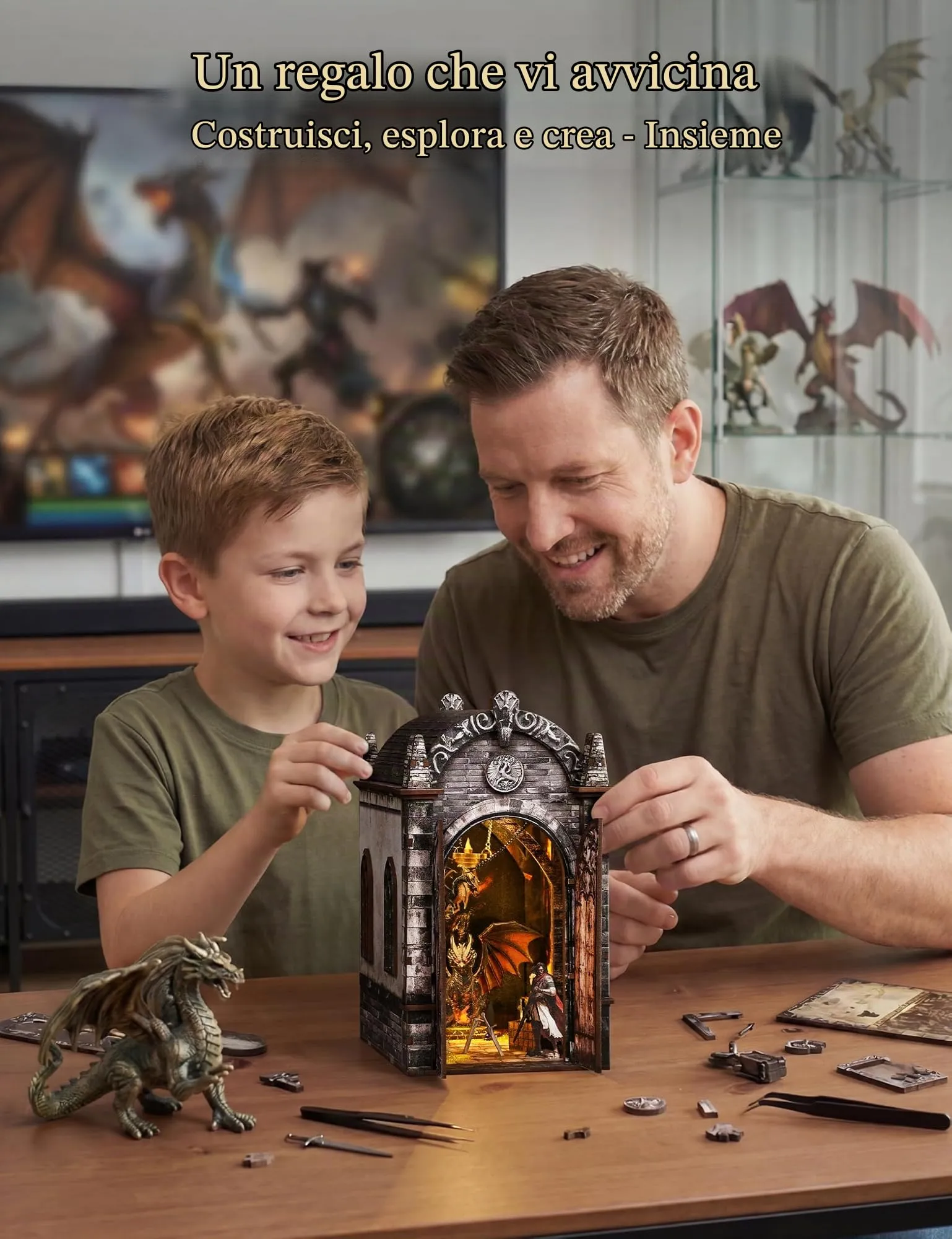 Besserite Mini DIY Book Nook Kit – Drago e Tesoro Nascosto, Puzzle 3D Legno Libreria per Adulti, Kit Modellismo Diorama con Luci LED Touch, Miniatura Fai da te per Decorazioni Libreria, Regalo Fantasy - immagine 8
