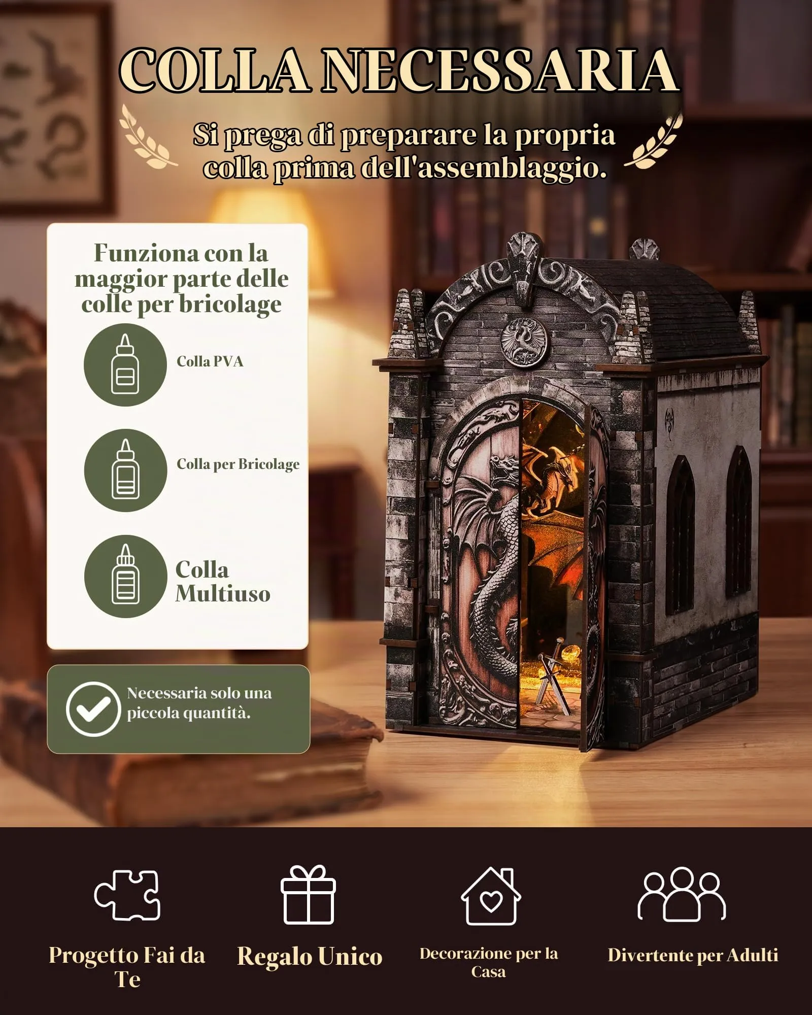 Besserite Mini DIY Book Nook Kit – Drago e Tesoro Nascosto, Puzzle 3D Legno Libreria per Adulti, Kit Modellismo Diorama con Luci LED Touch, Miniatura Fai da te per Decorazioni Libreria, Regalo Fantasy - immagine 9