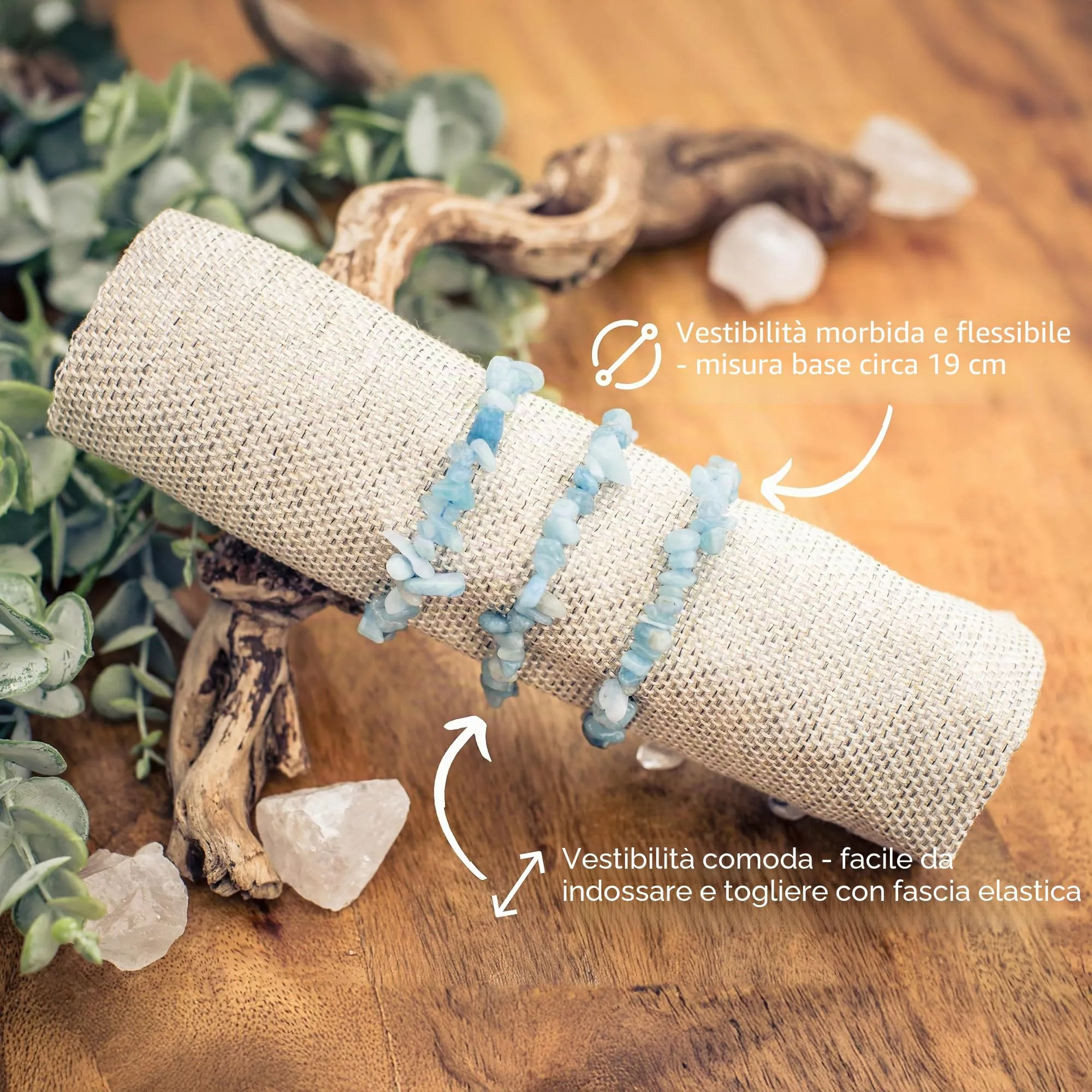 Lebensquelle Plus Bracciale popolare a schegge | Bracciale elastico artigianale a schegge | Vera pietra naturale (Aquamarina) - immagine 3