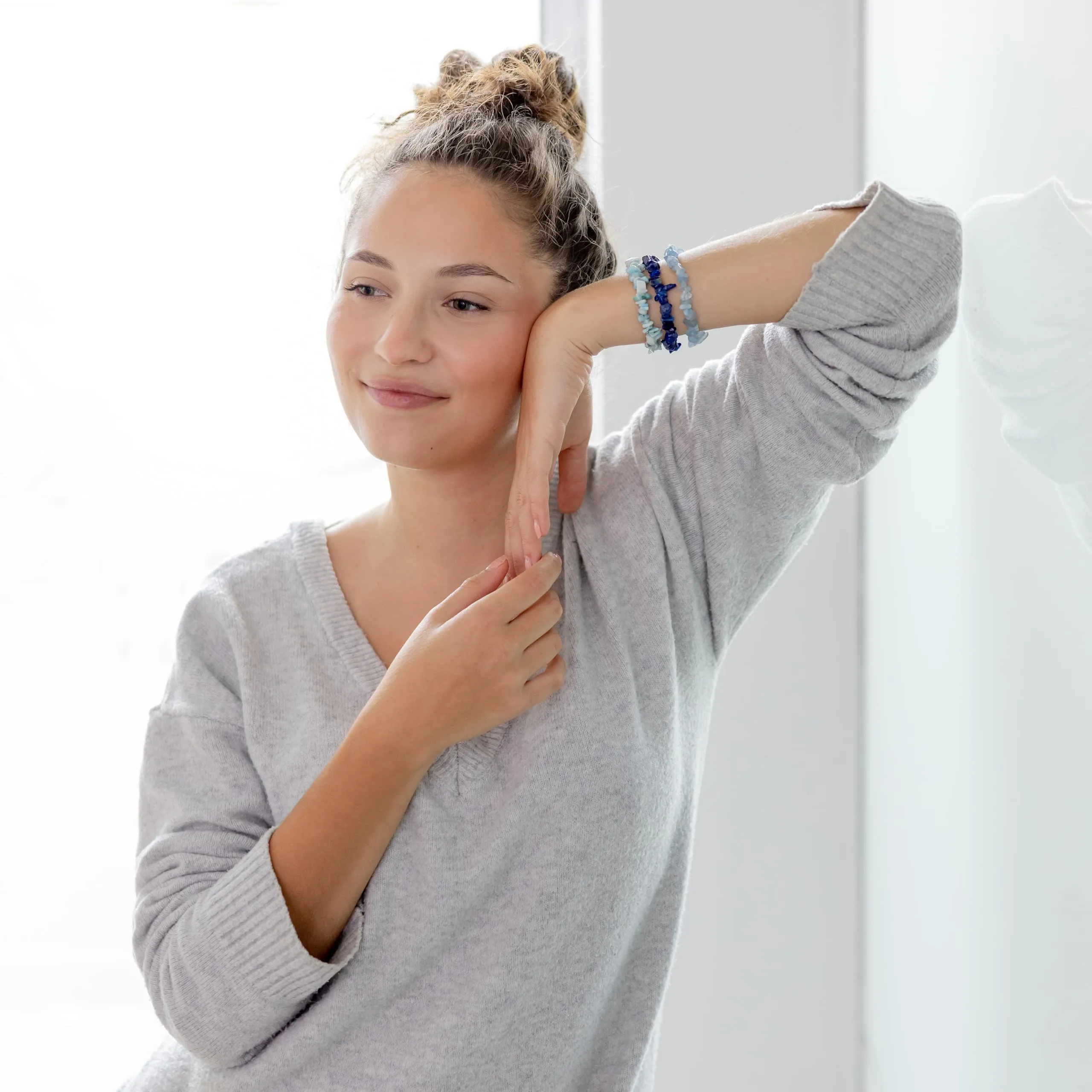 Lebensquelle Plus Bracciale popolare a schegge | Bracciale elastico artigianale a schegge | Vera pietra naturale (Aquamarina) - immagine 8