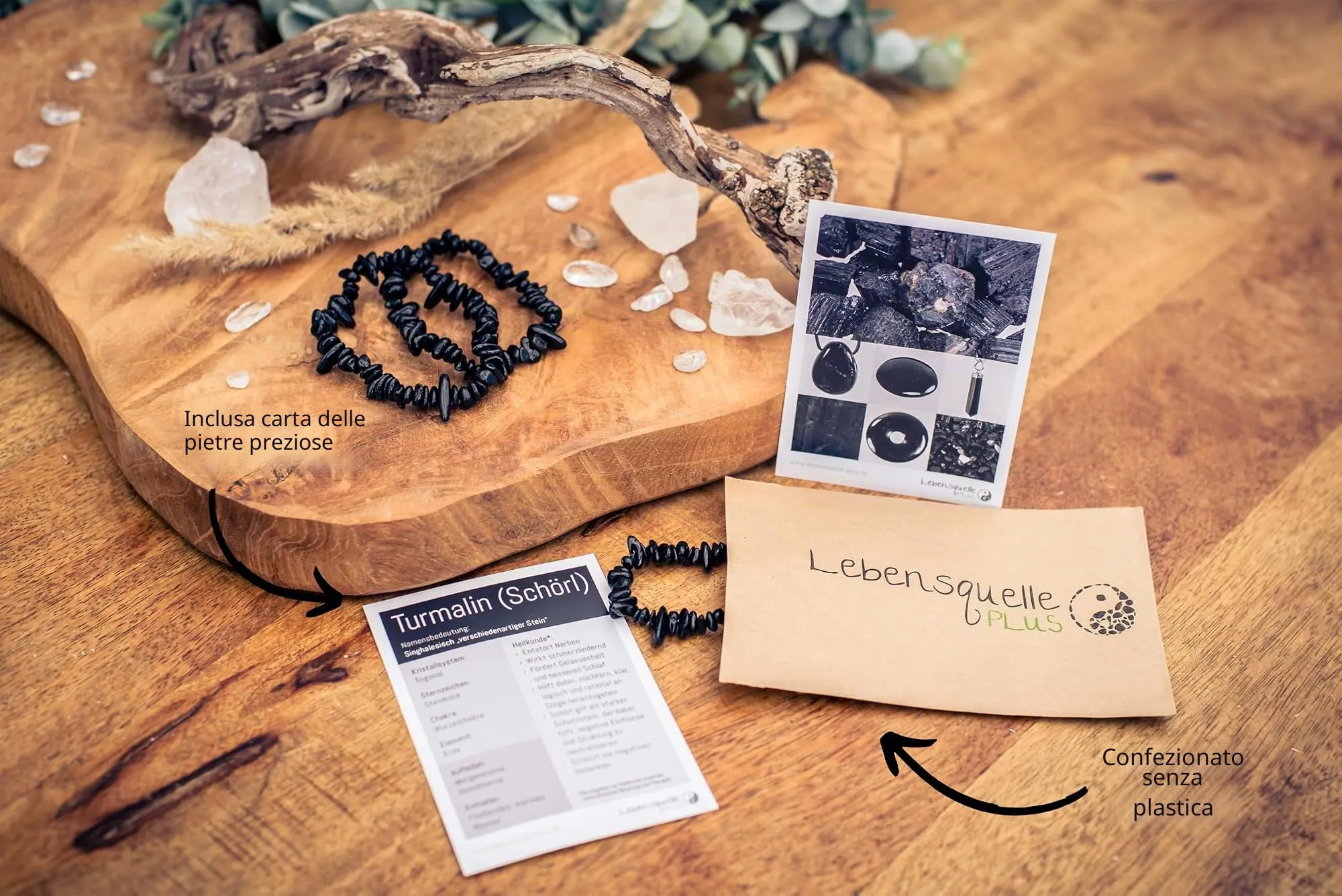 Lebensquelle Plus Bracciale popolare a schegge | Bracciale elastico artigianale a schegge | Vera pietra naturale (Tormalina nera (Schorl)) - immagine 3