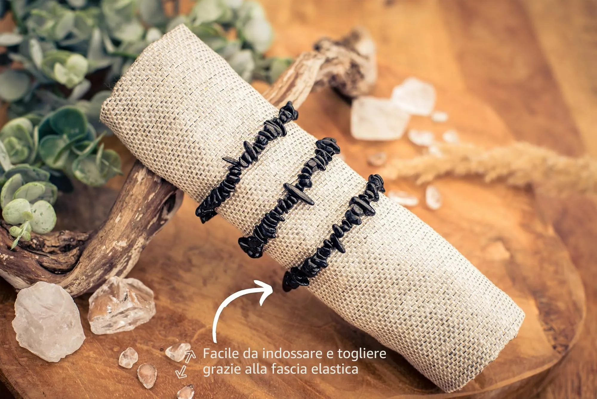 Lebensquelle Plus Bracciale popolare a schegge | Bracciale elastico artigianale a schegge | Vera pietra naturale (Tormalina nera (Schorl)) - immagine 4