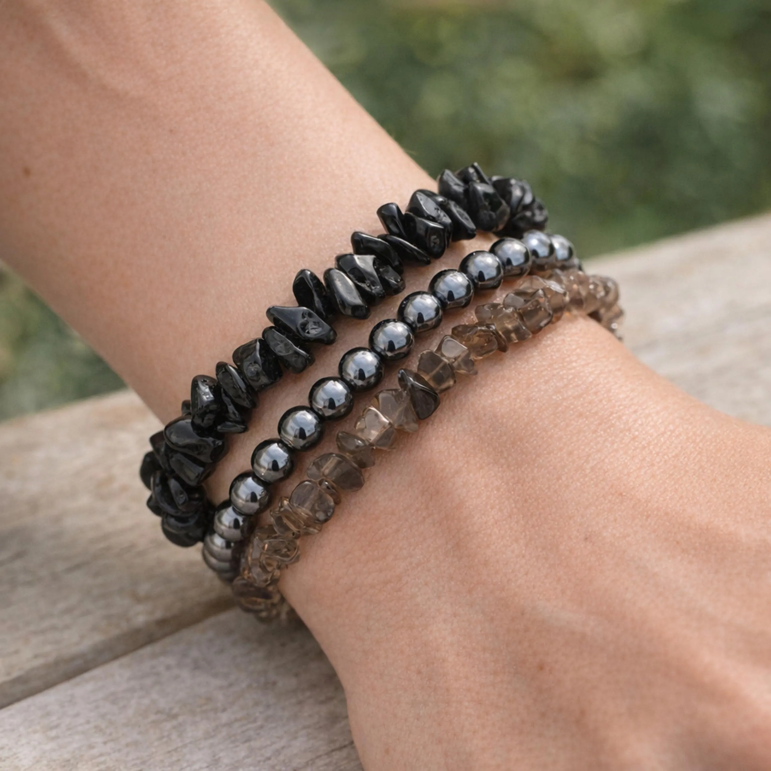 Lebensquelle Plus Bracciale popolare a schegge | Bracciale elastico artigianale a schegge | Vera pietra naturale (Tormalina nera (Schorl)) - immagine 7