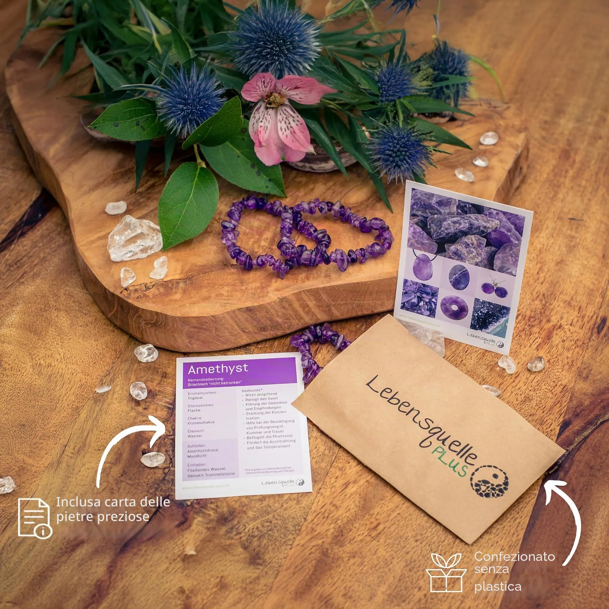 Lebensquelle Plus Bracciale popolare a schegge | Bracciale elastico artigianale a schegge | Vera pietra naturale (Ametista) - immagine 4