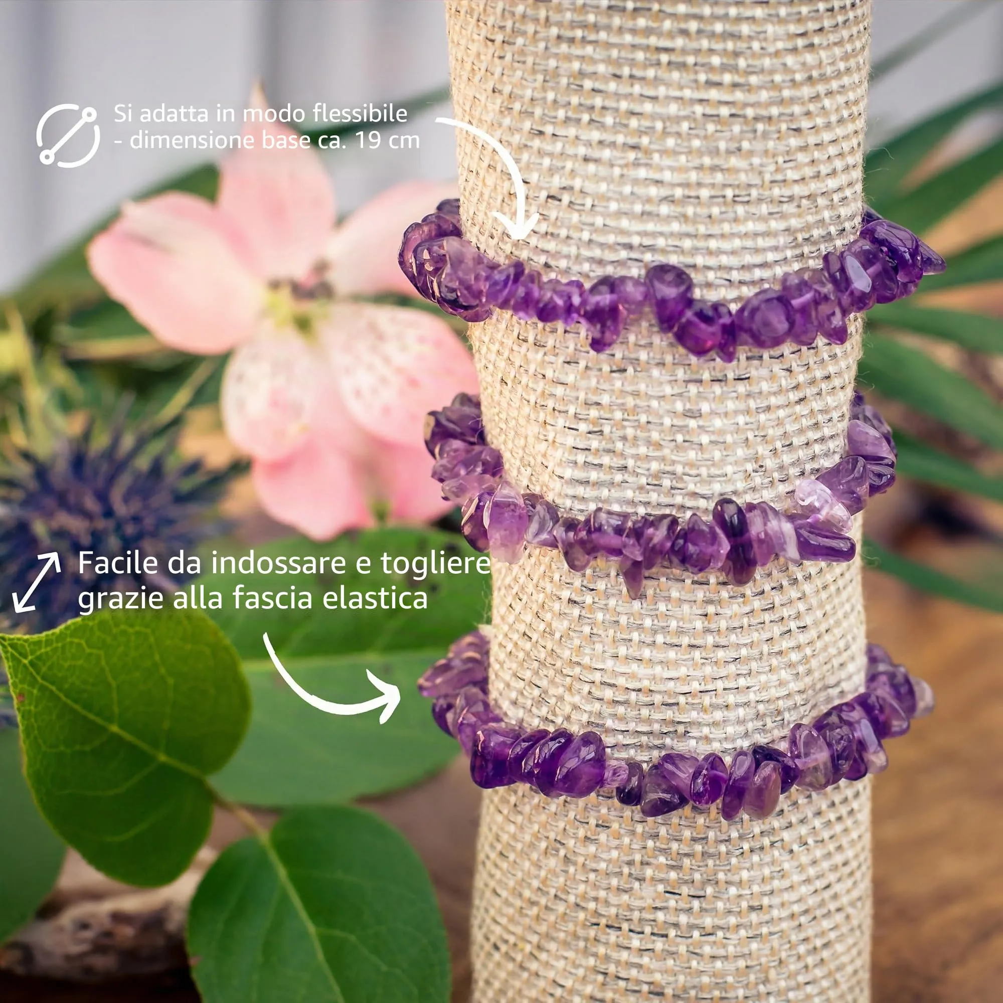 Lebensquelle Plus Bracciale popolare a schegge | Bracciale elastico artigianale a schegge | Vera pietra naturale (Ametista) - immagine 5