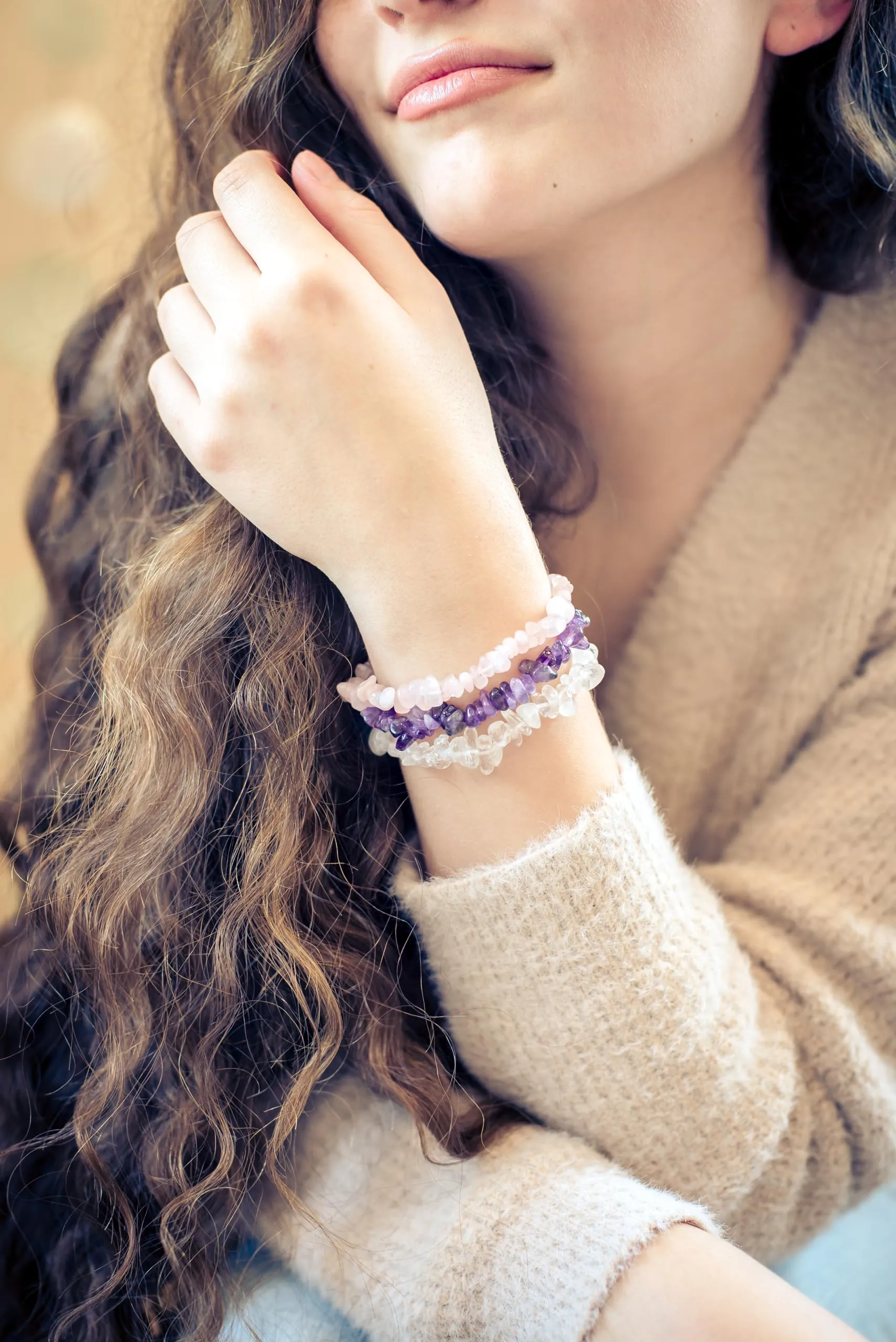 Lebensquelle Plus Bracciale popolare a schegge | Bracciale elastico artigianale a schegge | Vera pietra naturale (Ametista) - immagine 7