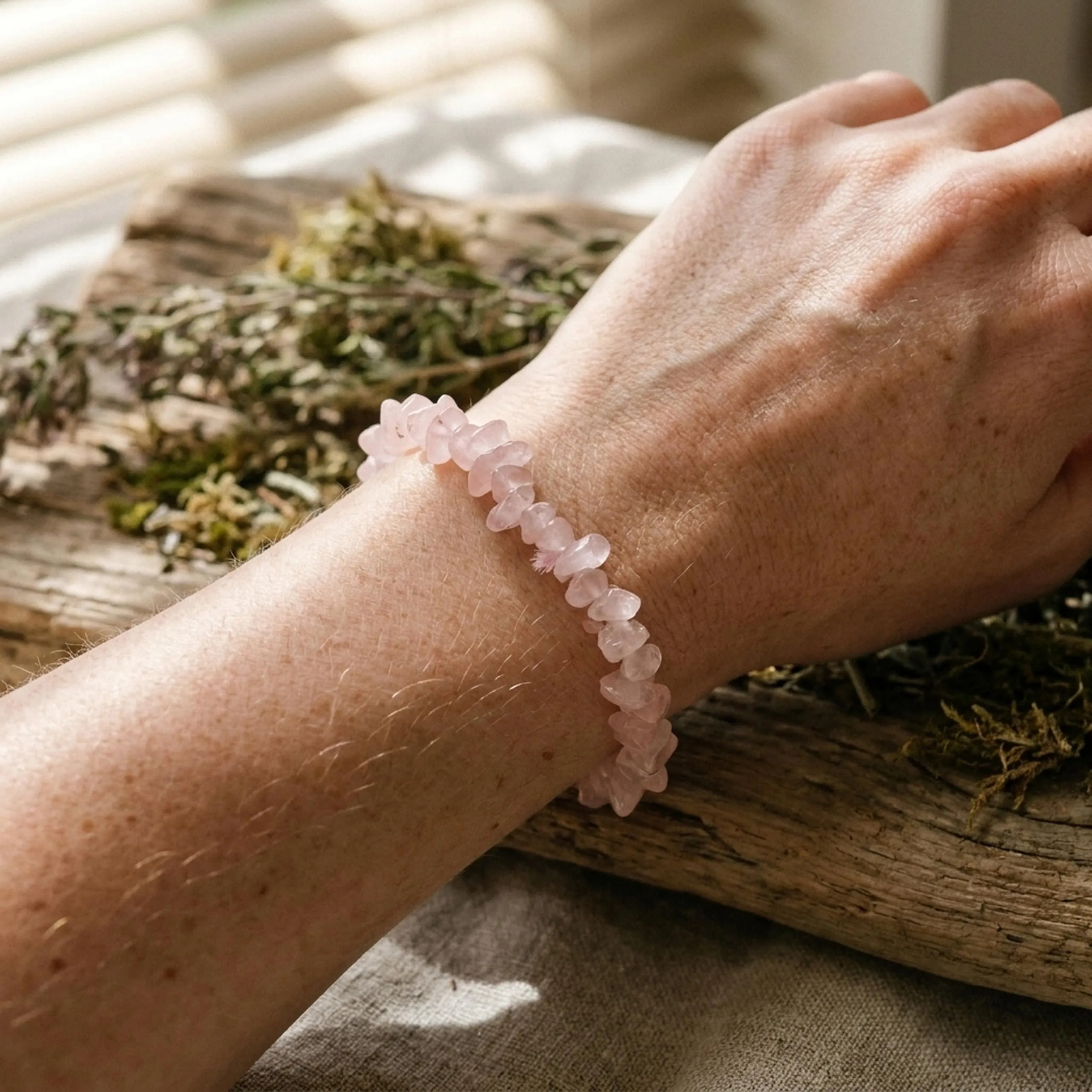 Lebensquelle Plus Bracciale popolare a schegge | Bracciale elastico artigianale a schegge | Vera pietra naturale (Quarzo rosa) - immagine 2