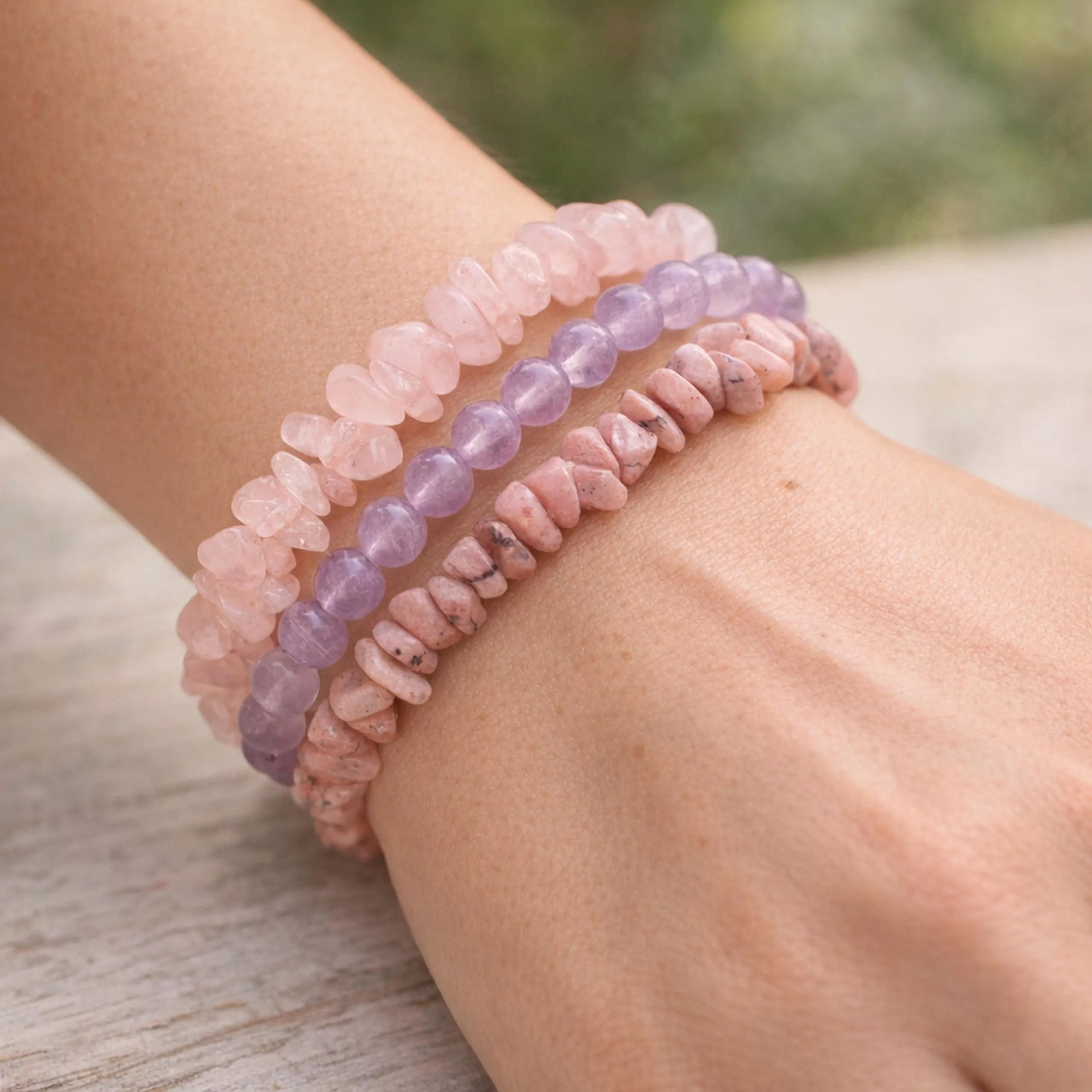 Lebensquelle Plus Bracciale popolare a schegge | Bracciale elastico artigianale a schegge | Vera pietra naturale (Quarzo rosa) - immagine 7