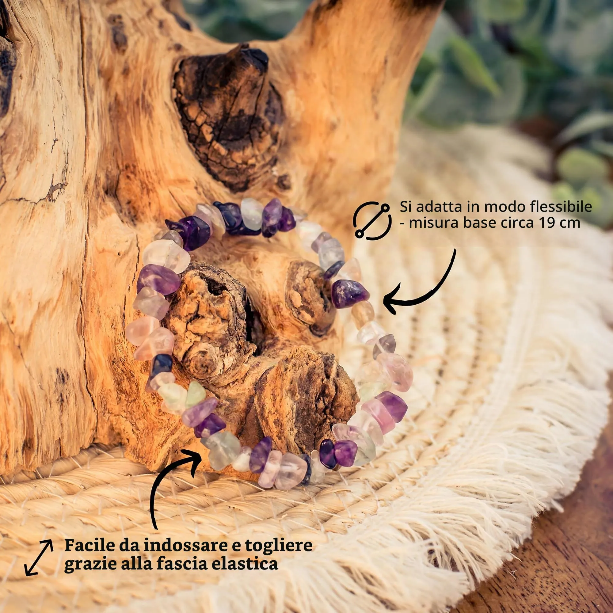 Lebensquelle Plus Bracciale popolare a schegge | Bracciale elastico artigianale a schegge | Vera pietra naturale (Fluorite) - immagine 3