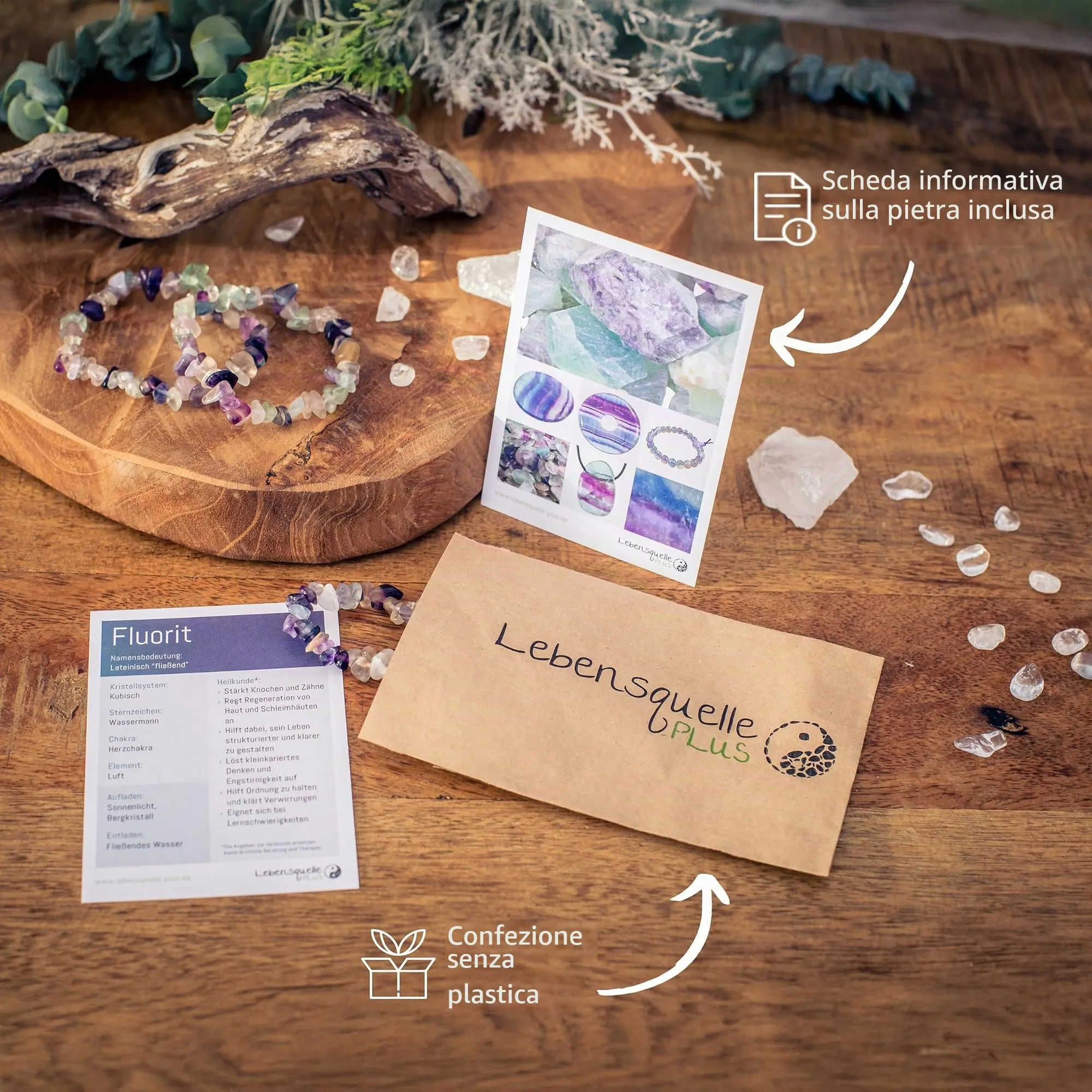 Lebensquelle Plus Bracciale popolare a schegge | Bracciale elastico artigianale a schegge | Vera pietra naturale (Fluorite) - immagine 4