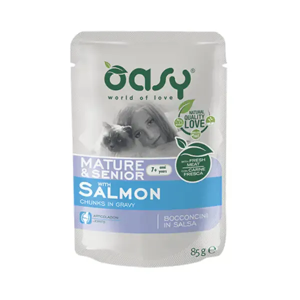 Oasy Cat Mature Bocconcini in salsa 85 gr Salmone - confezione da 12 pezzi - Cibo umido per gatti - immagine 1
