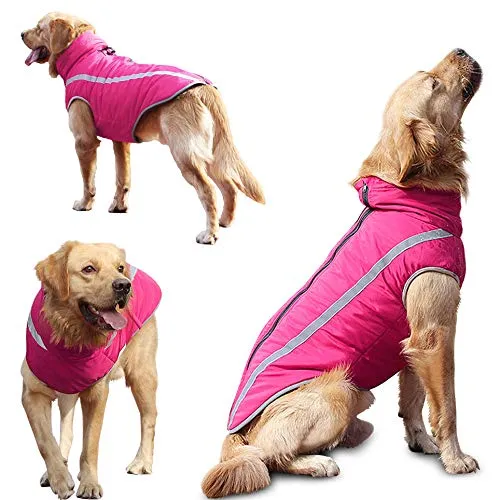 Idepet Cappotto per cani impermeabile Giacca invernale calda, Giacca per cani antivento Abbigliamento per cani Completo per cani di taglia piccola di taglia media con foro per imbracatura XL-6XL Rosa - immagine 4