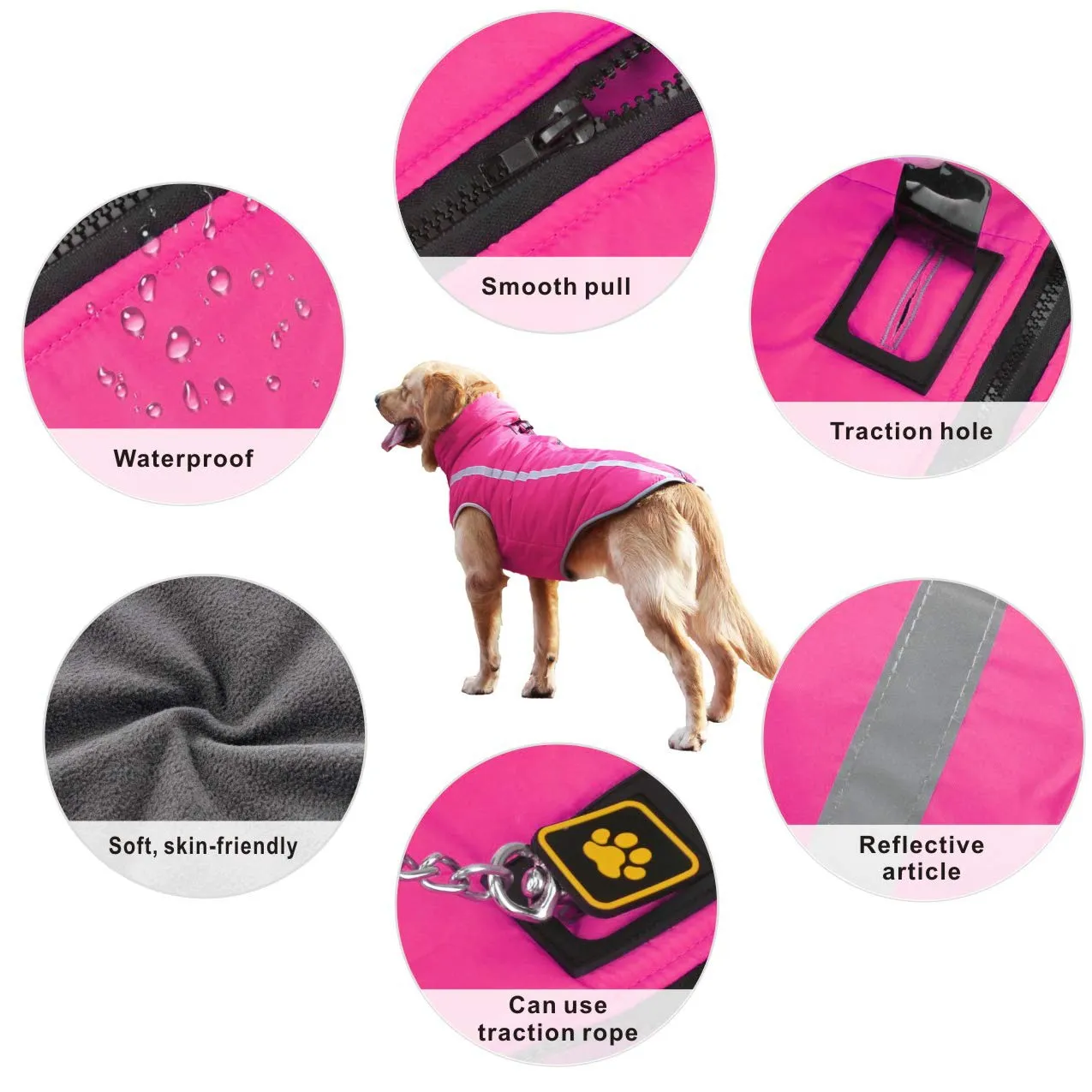 Idepet Cappotto per cani impermeabile Giacca invernale calda, Giacca per cani antivento Abbigliamento per cani Completo per cani di taglia piccola di taglia media con foro per imbracatura XL-6XL Rosa - immagine 6
