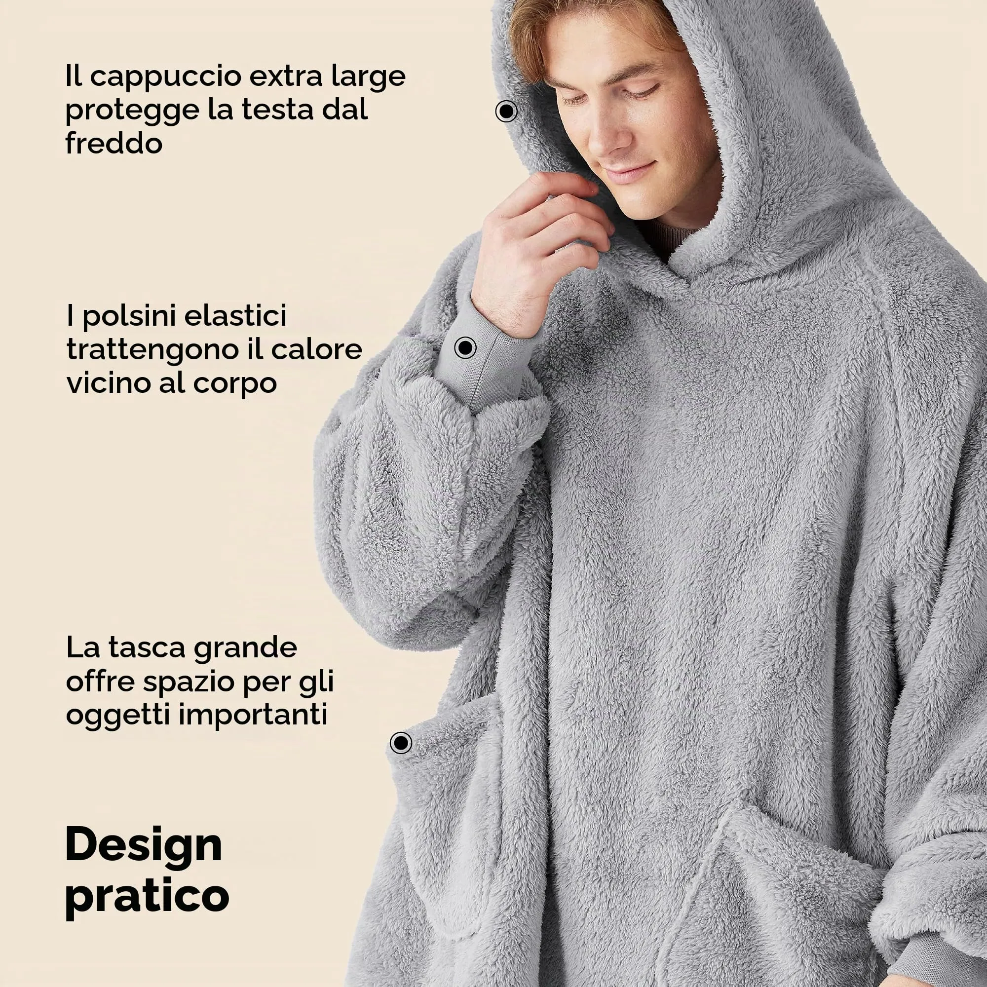 Bedsure Coperta con Cappuccio e Maniche Regalo Grigio - 95x85cm - immagine 6
