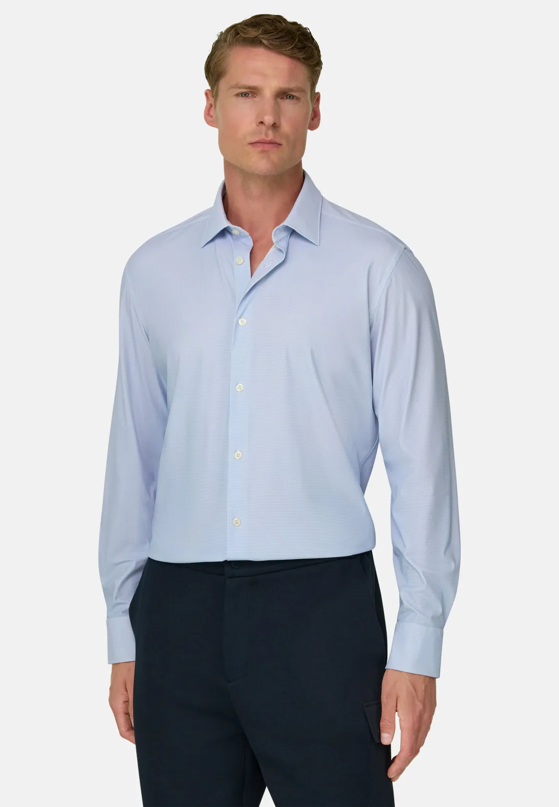 Boggi, Camicia Micro Fantasia In Nylon Elasticizzato Slim Fit B Tech, Uomo, Azzurro, Taglia: L - immagine 1