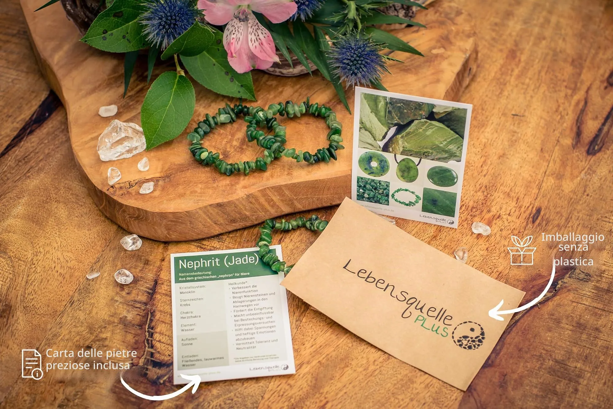 Lebensquelle Plus Bracciale popolare a schegge | Bracciale elastico artigianale a schegge | Vera pietra naturale (Giada nefrite) - immagine 2