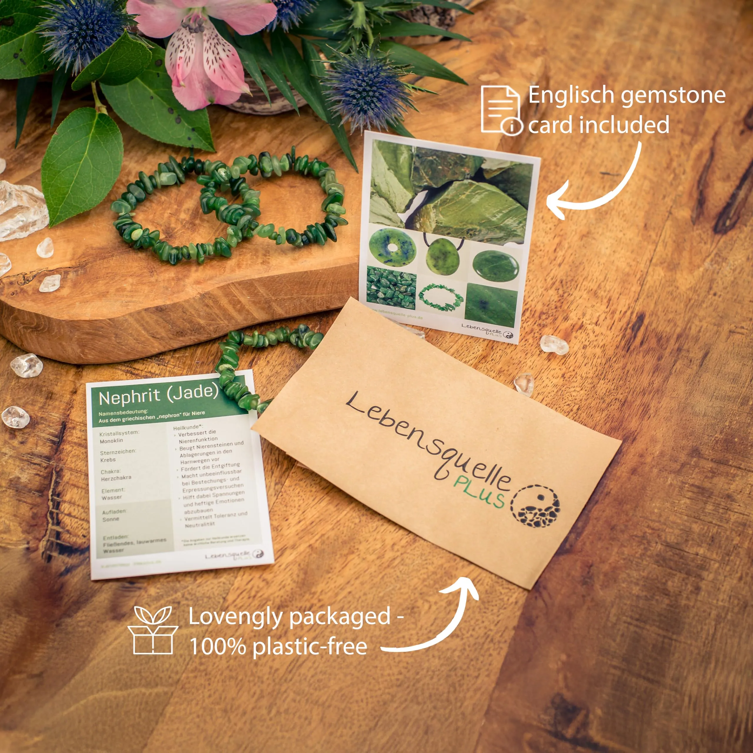 Lebensquelle Plus Bracciale popolare a schegge | Bracciale elastico artigianale a schegge | Vera pietra naturale (Giada nefrite) - immagine 8