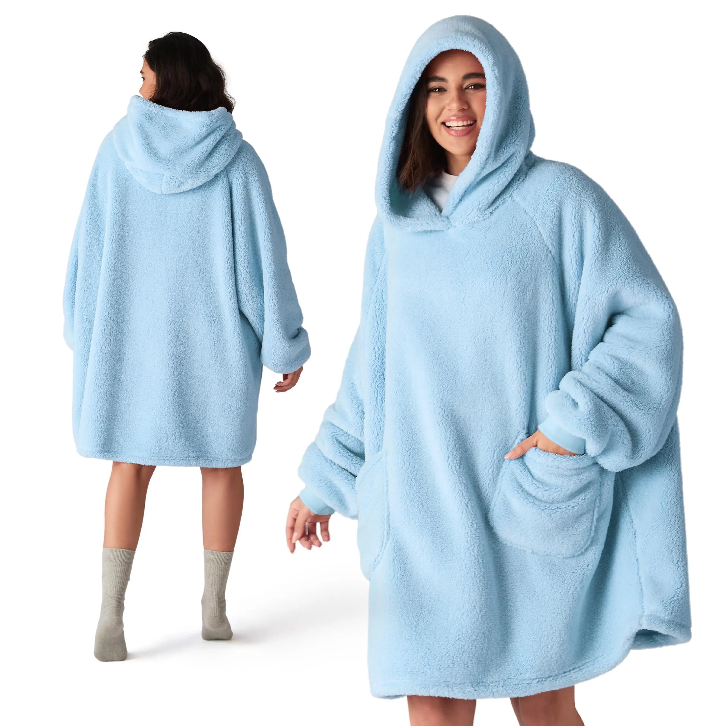Bedsure Coperta con Cappuccio e Maniche Regalo Azzurro - 95x85cm - immagine 1