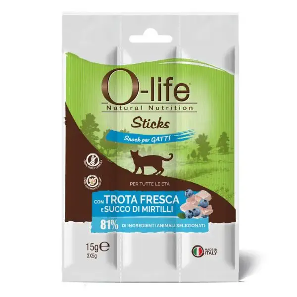 O-life Sticks Grain Free Snack per gatti 3x5 gr Trota e mirtilli - immagine 1