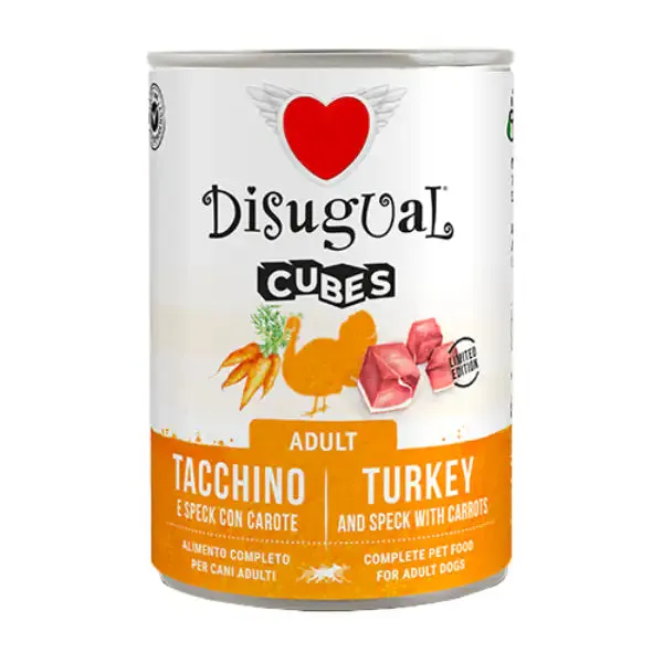Disugual Dog Adult Cubes 400 gr Tacchino e cubetti di speck con carote - confezione da 6 pezzi - Cibo umido per cani - immagine 1