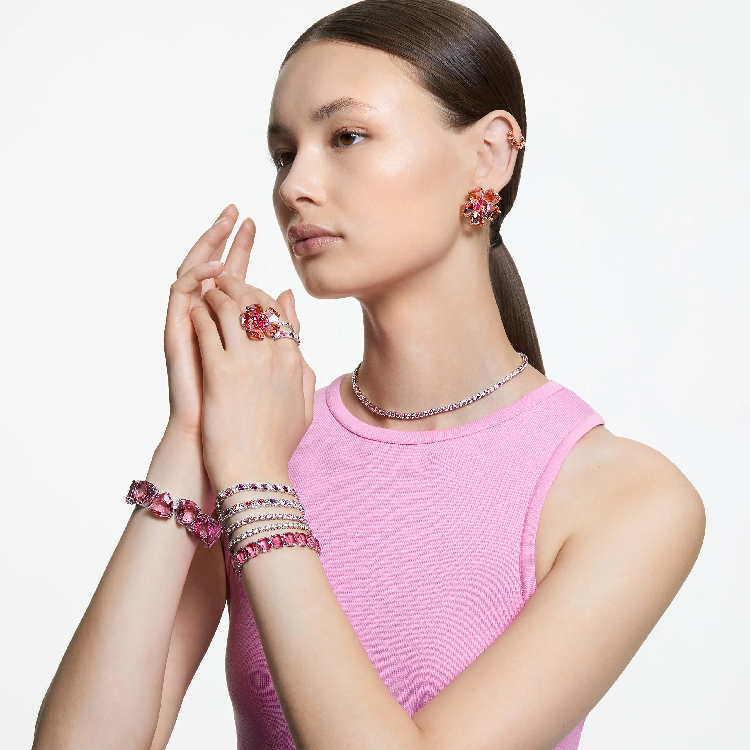 Swarovski Braccialetto Matrix Tennis, Taglio Round, Rosa, Placcato rodio - immagine 7
