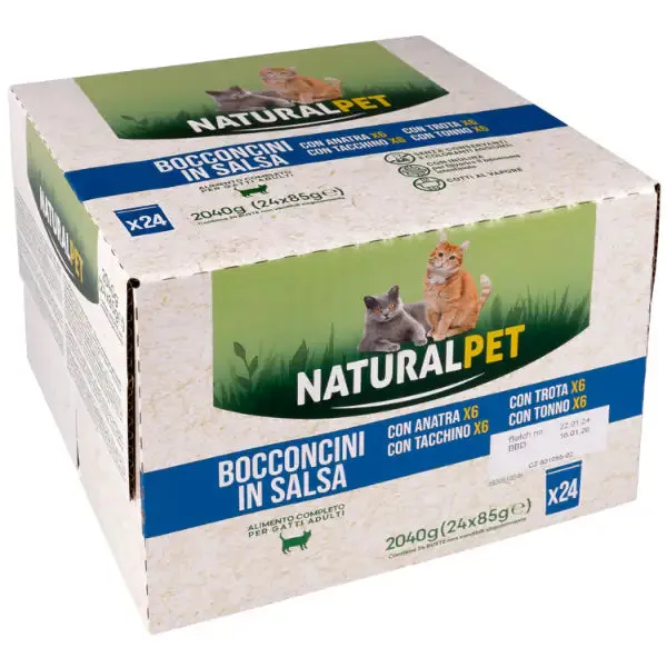 NaturalPet Cat Adult Bocconcini in salsa multipack 24x85 gr 6x Anatra 6x Tacchino 6x Trota 6x Tonno - immagine 1