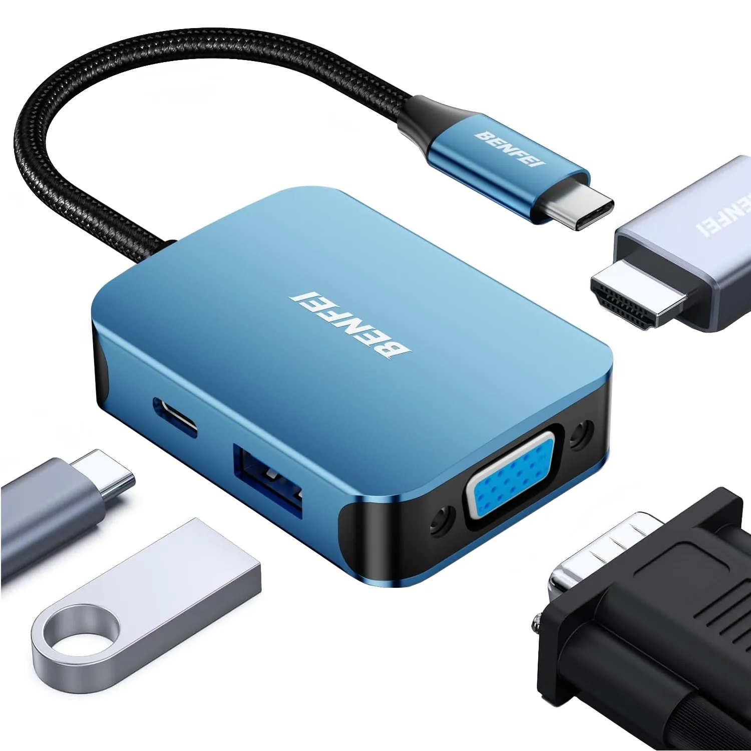 Hub USB-C Benfei, 1 x USB-A 3.0 - 1 x USB-C - 1 x HDMI - 1 x VGA, Blu - immagine 1